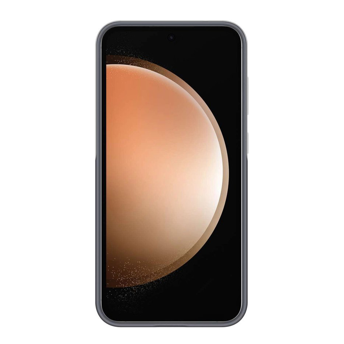 Smartphone con pantalla curva que muestra un degradado de naranja y negro. Marco gris alrededor de la pantalla.