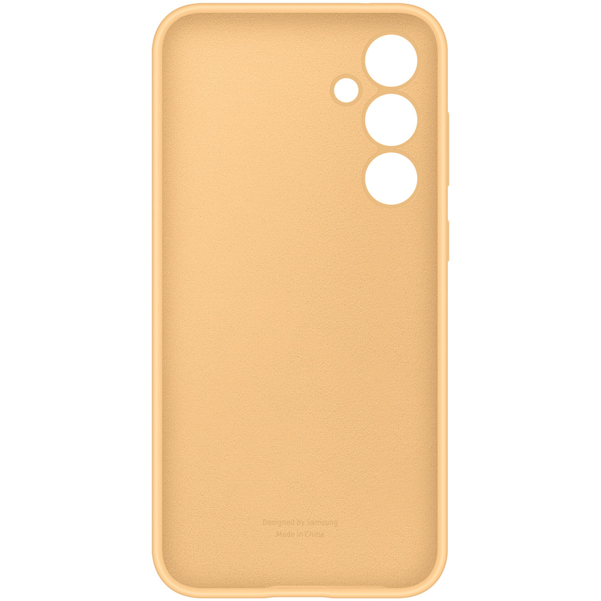 Una funda de teléfono naranja claro con recortes para la cámara y los botones. La parte posterior tiene la marca.