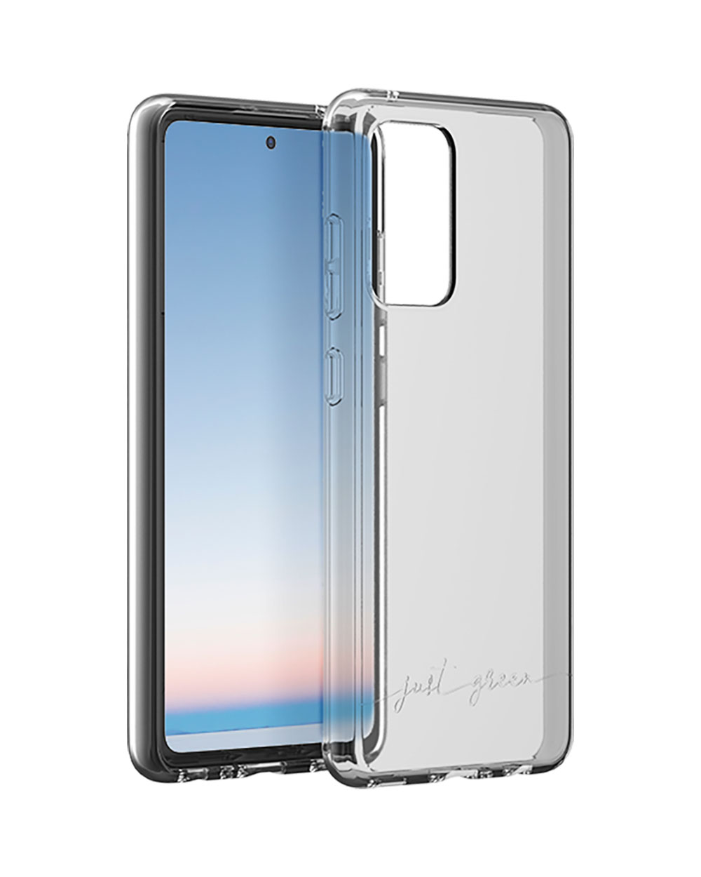 Eine transparente Handyhülle mit einem Telefon darin. Das Telefon hat einen blauen Bildschirm und Knöpfe.