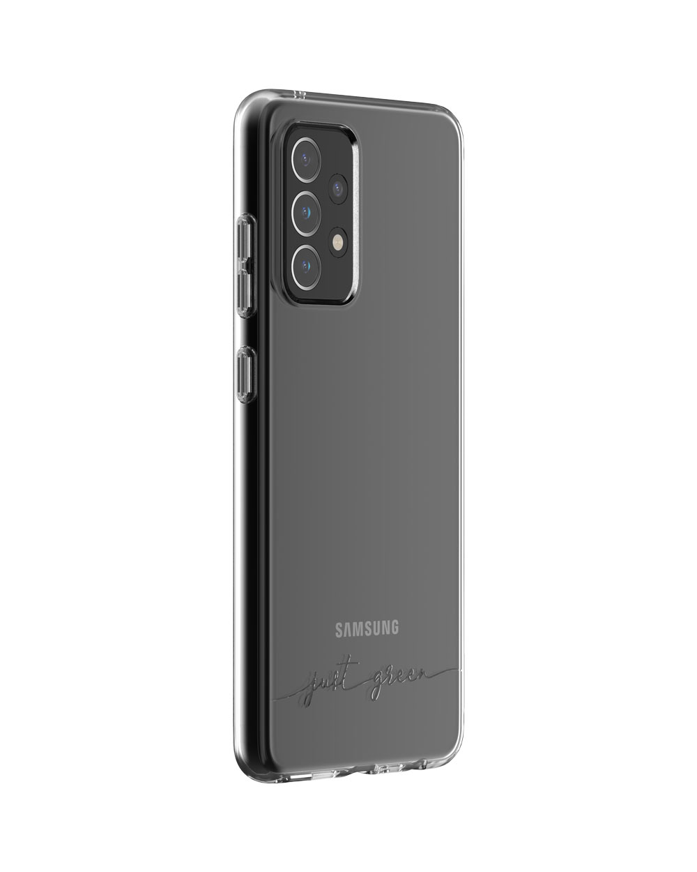 Transparente Handyhülle auf einem Telefon. Das Telefon hat eine Kamera und das just green Logo. Weißer Hintergrund.