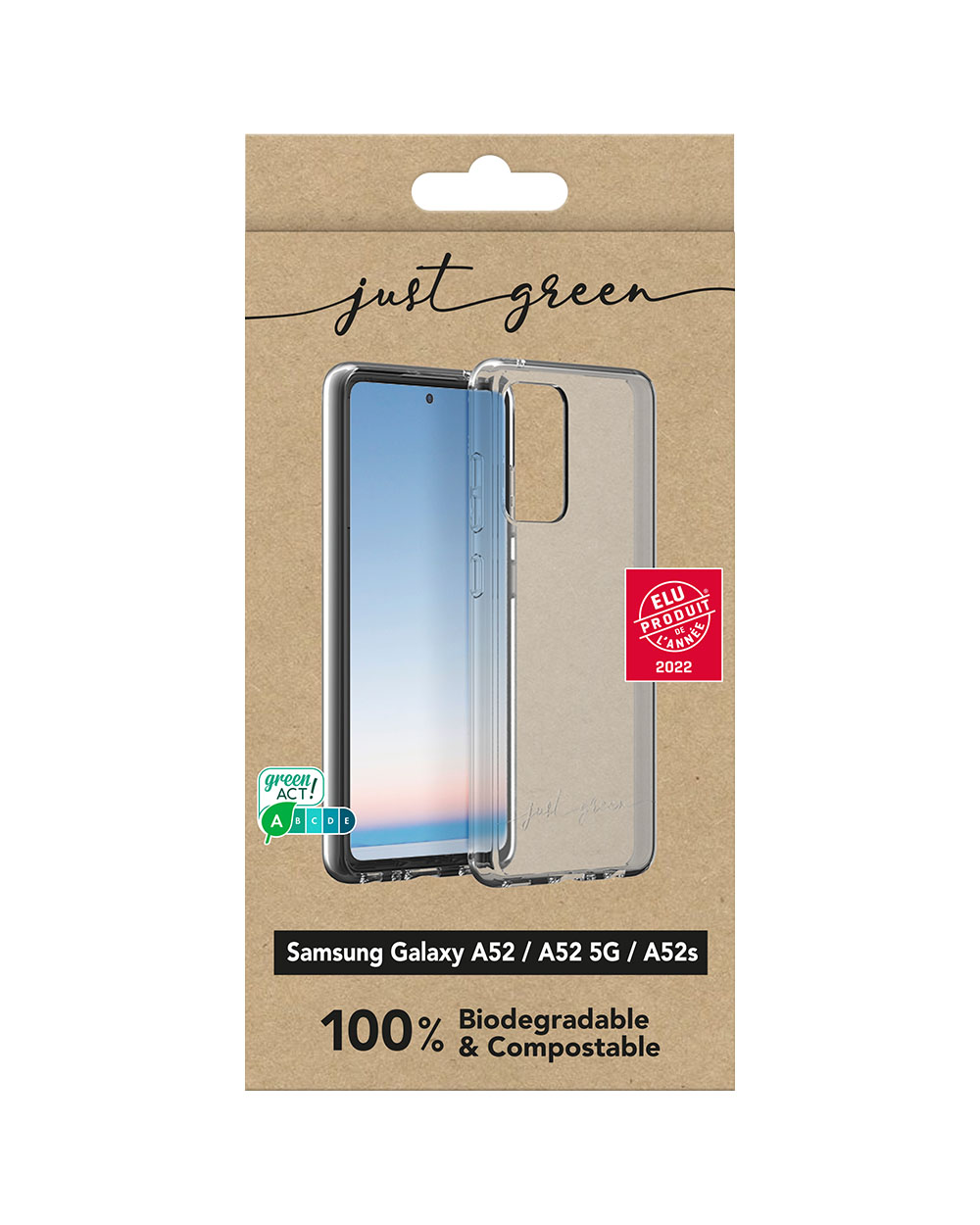 Telefonhüllenverpackung. Klare Hülle mit Telefon im Inneren. Text: 100 % biologisch abbaubar.