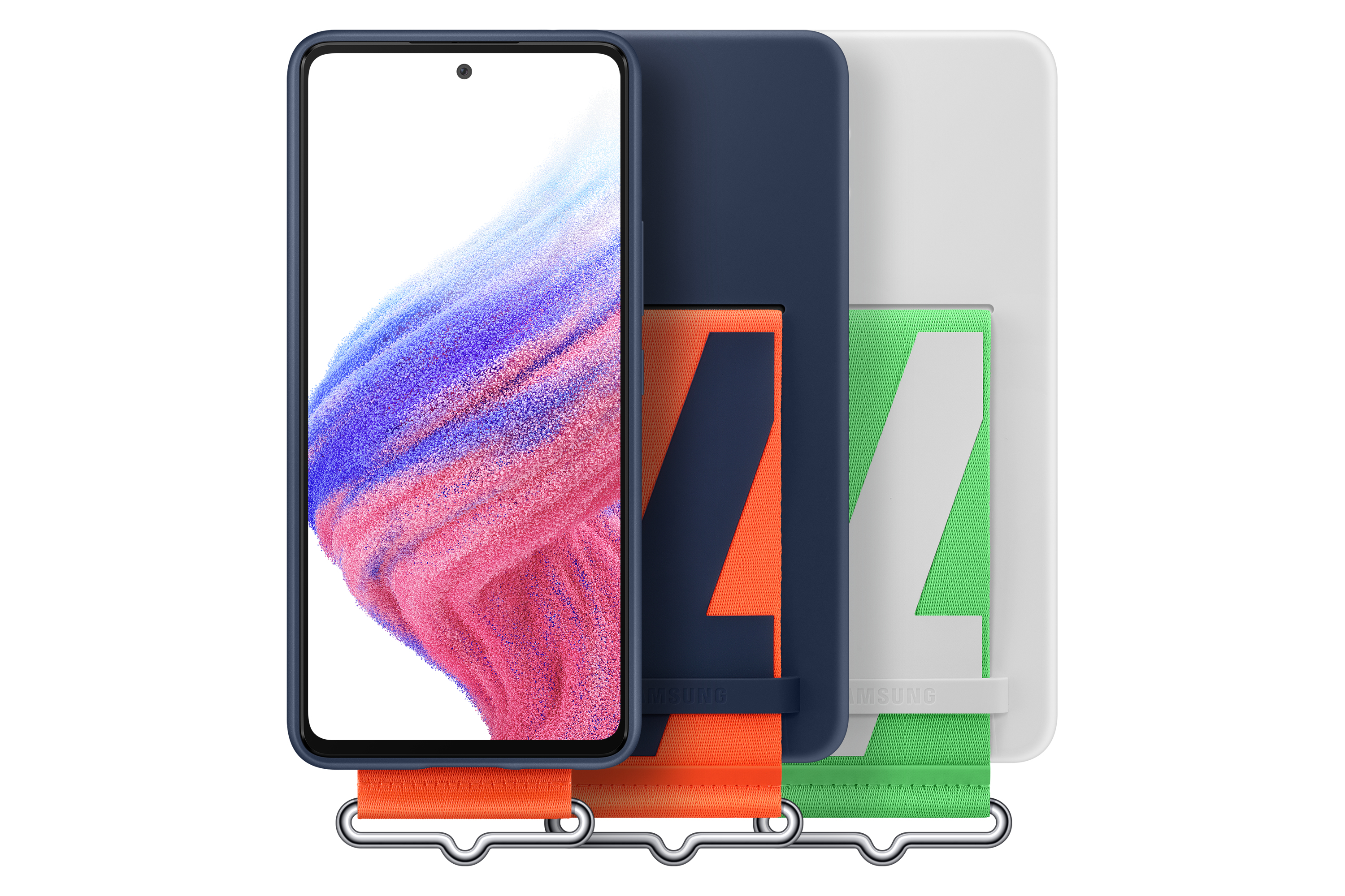 Samsung-Telefon mit Hüllen. Telefon ist zentriert. Hüllen: Marineblau, Orange und Grün. Weißer Hintergrund.