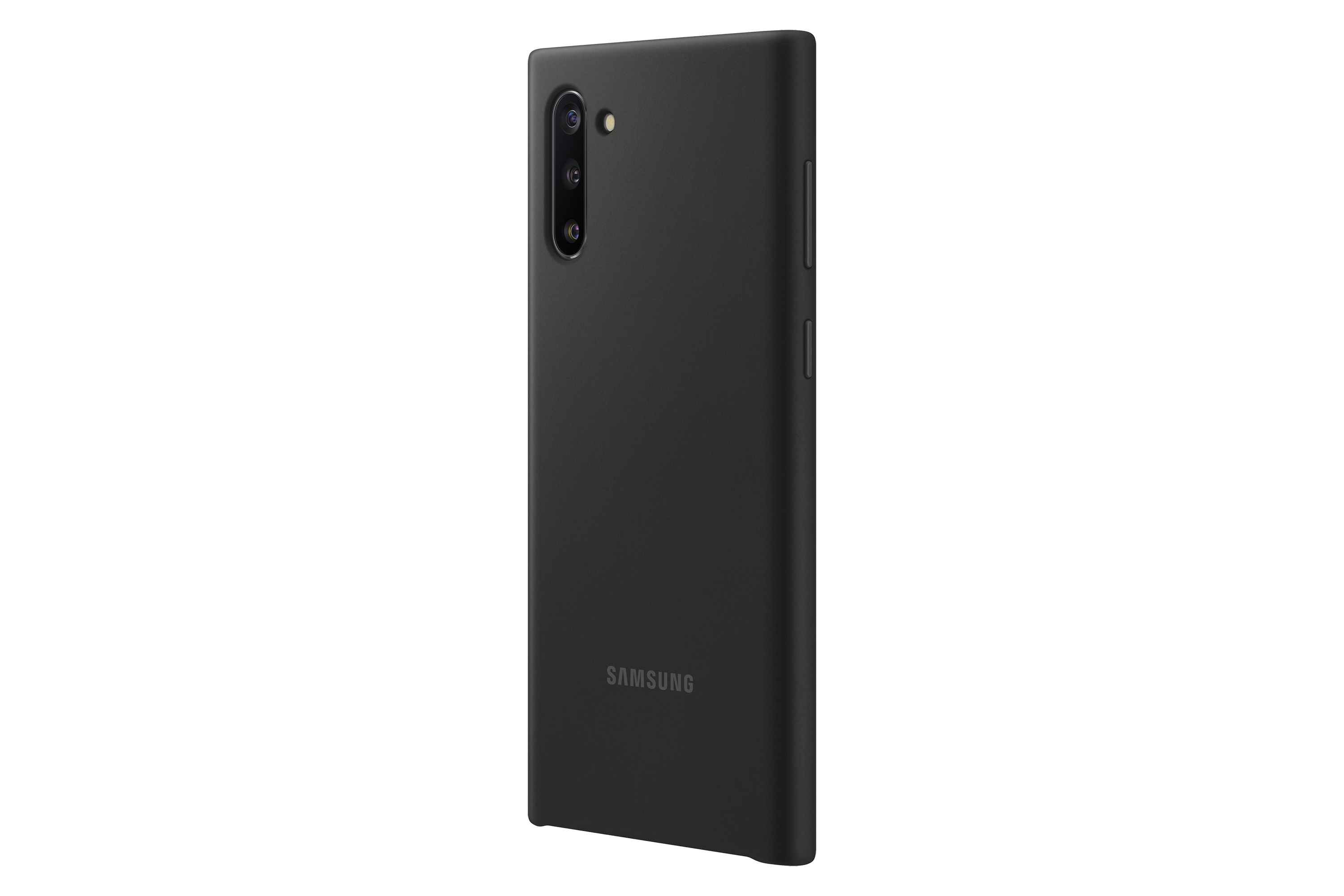 Teléfono Samsung negro con funda. Cámara trasera y logotipo de Samsung visibles. Teléfono vertical.