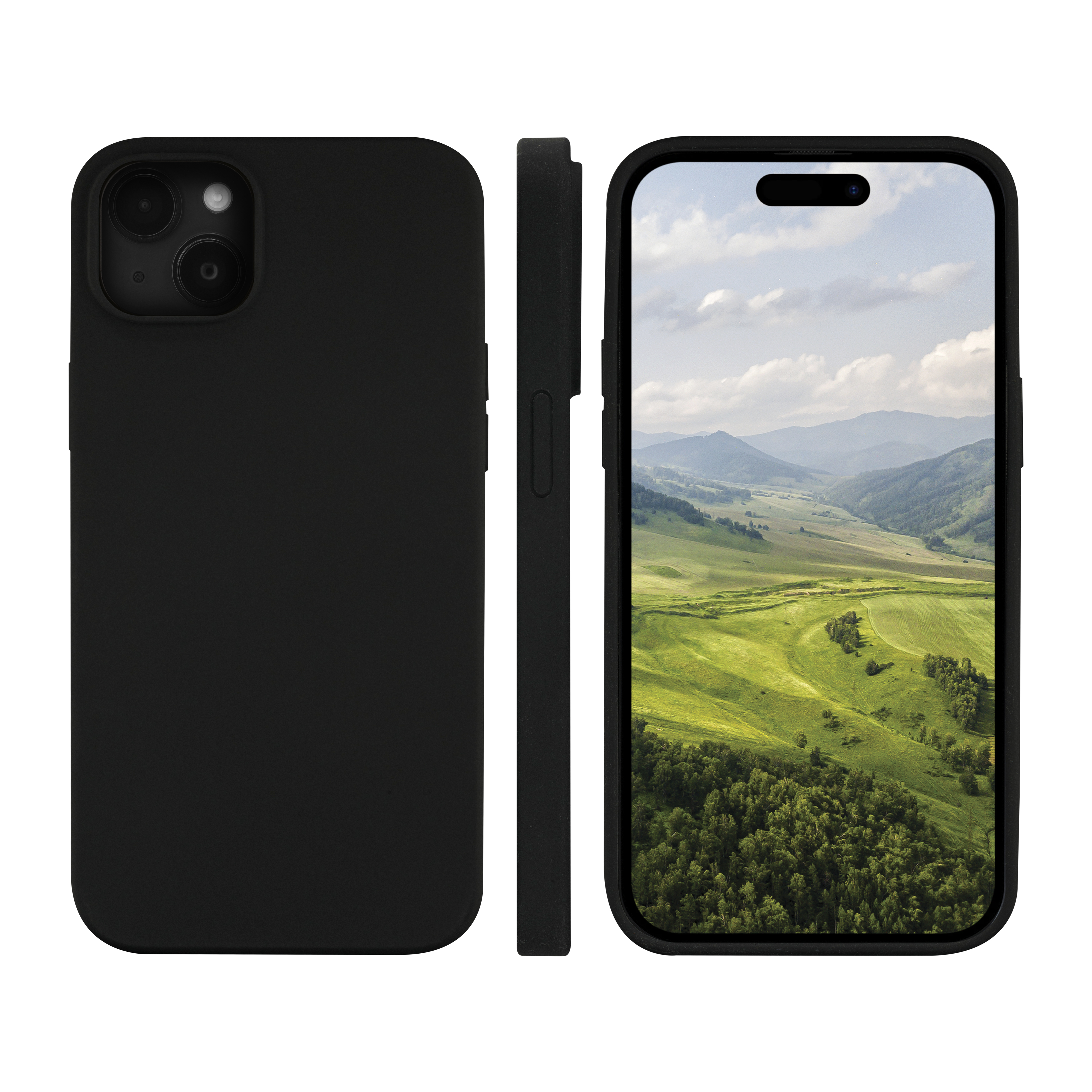 Custodia per telefono nera con ritagli per la fotocamera. Lo schermo mostra un paesaggio verde.