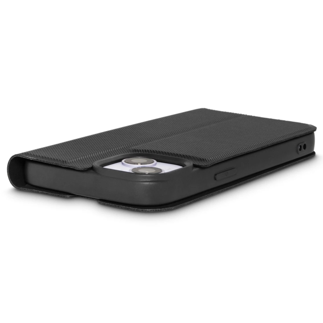 Custodia per telefono nera con copertina piegata, che mostra la fotocamera e il suo design.