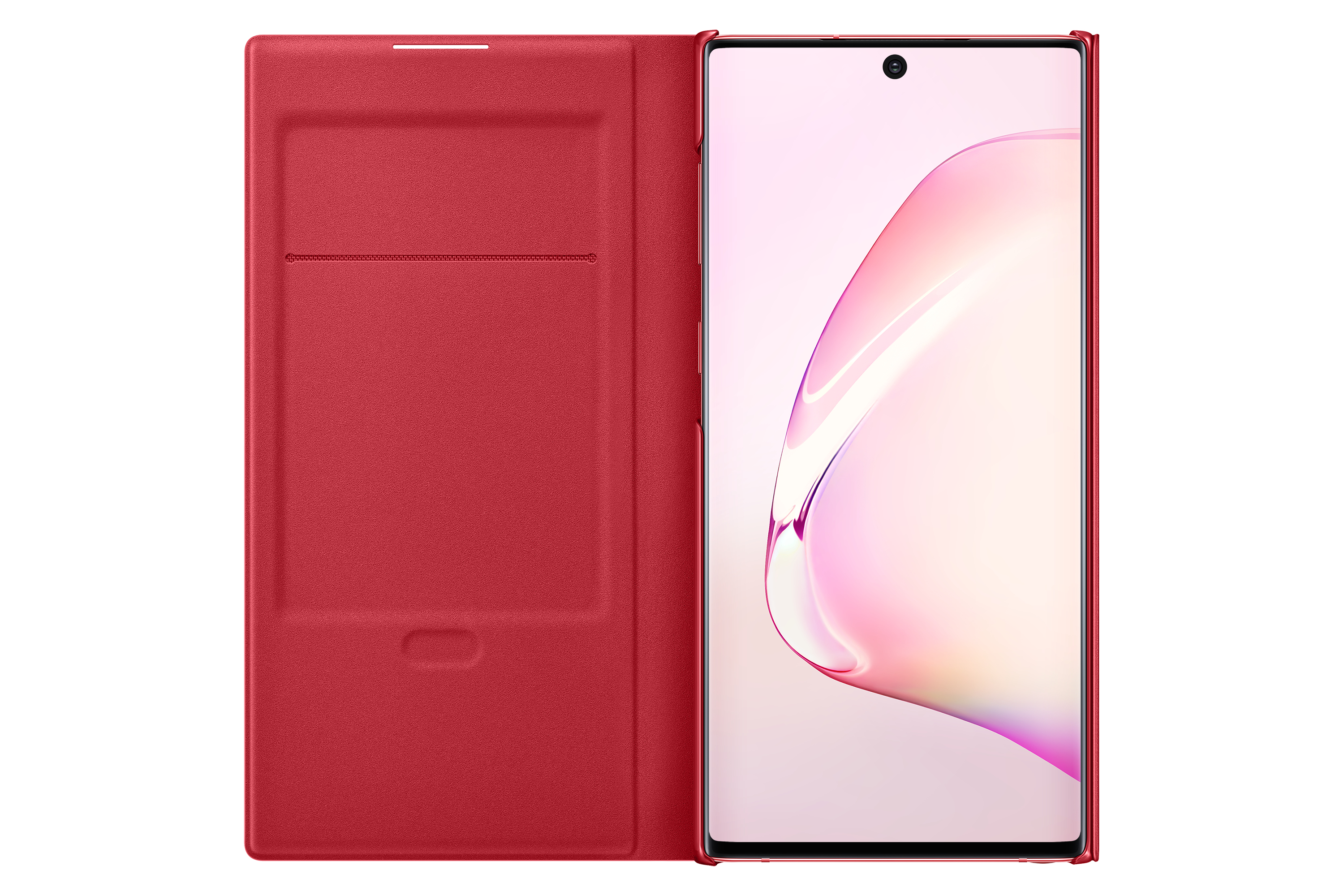 Funda roja abierta, revelando un teléfono con pantalla rosa.