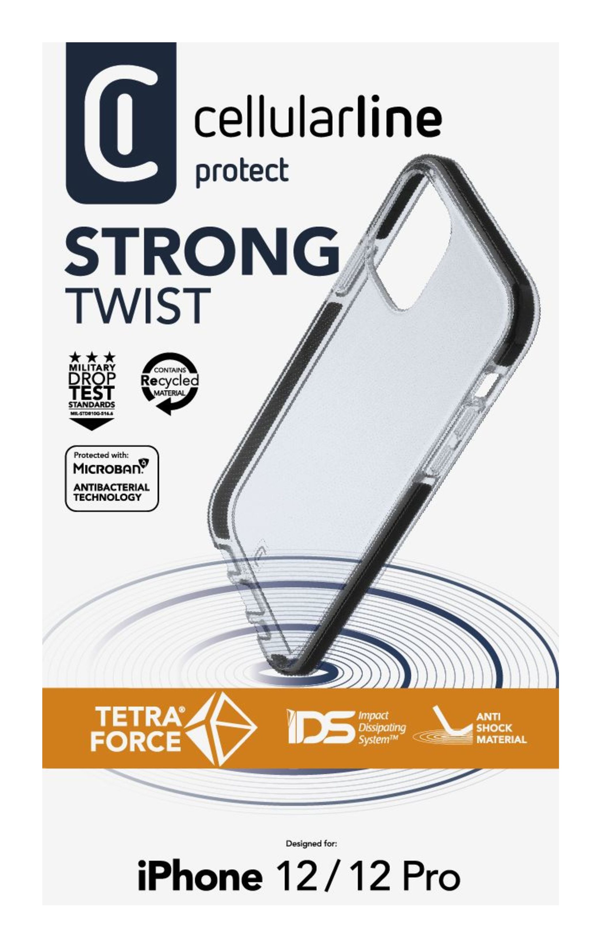 Transparente Handyhüllenverpackung mit Text und Handy.