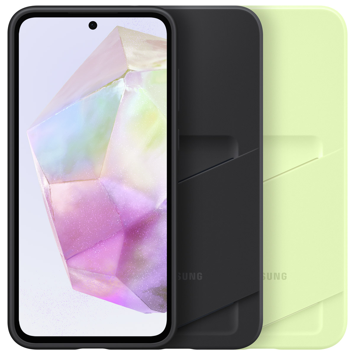 Smartfon z etui, dwa dodatkowe etui. Telefon wyświetla kolorowy, abstrakcyjny obraz. Etui są czarne i jasnozielone.
