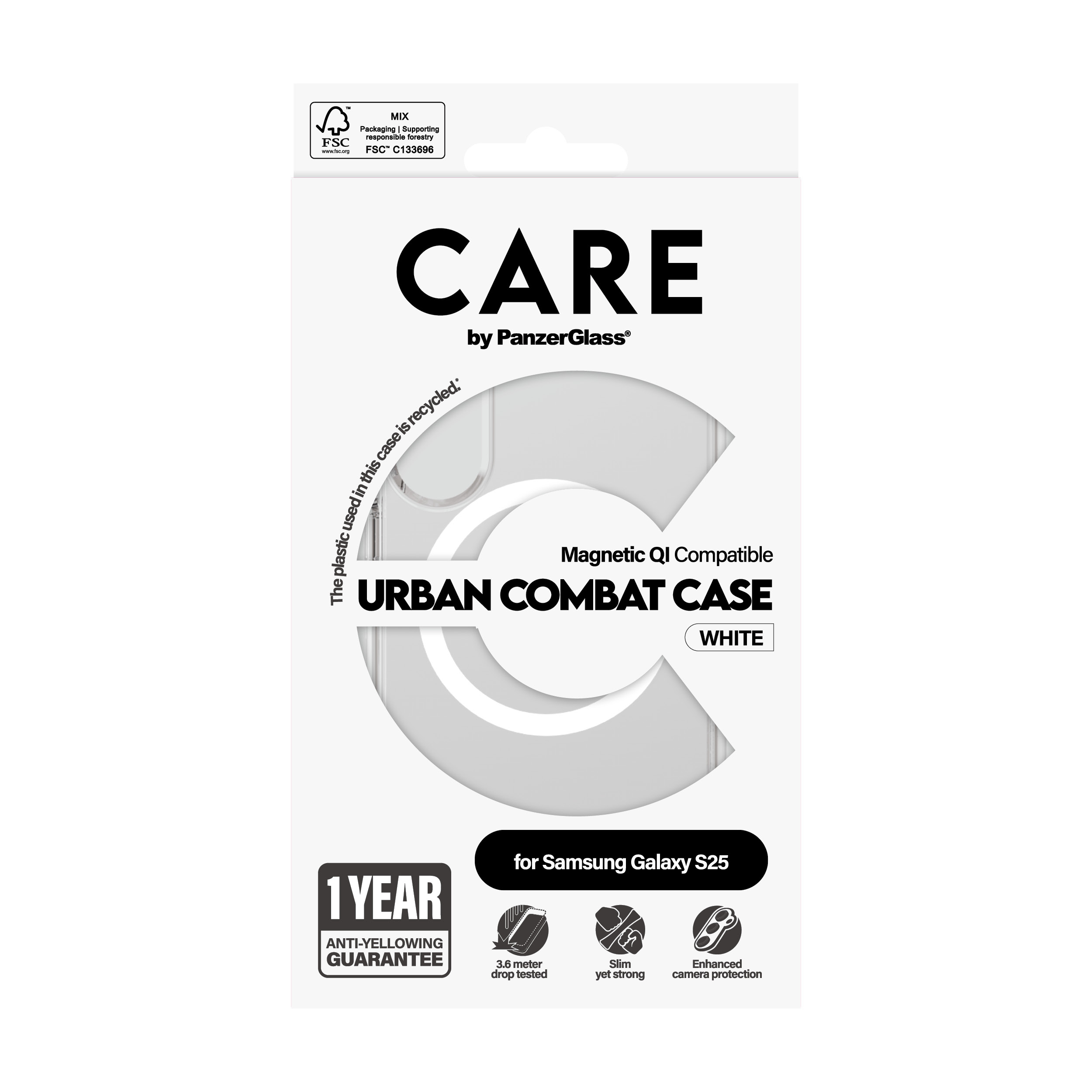 Emballage de coque de téléphone blanc. Logo 'CARE by PanzerGlass'. Étiquette 'URBAN COMBAT CASE'.