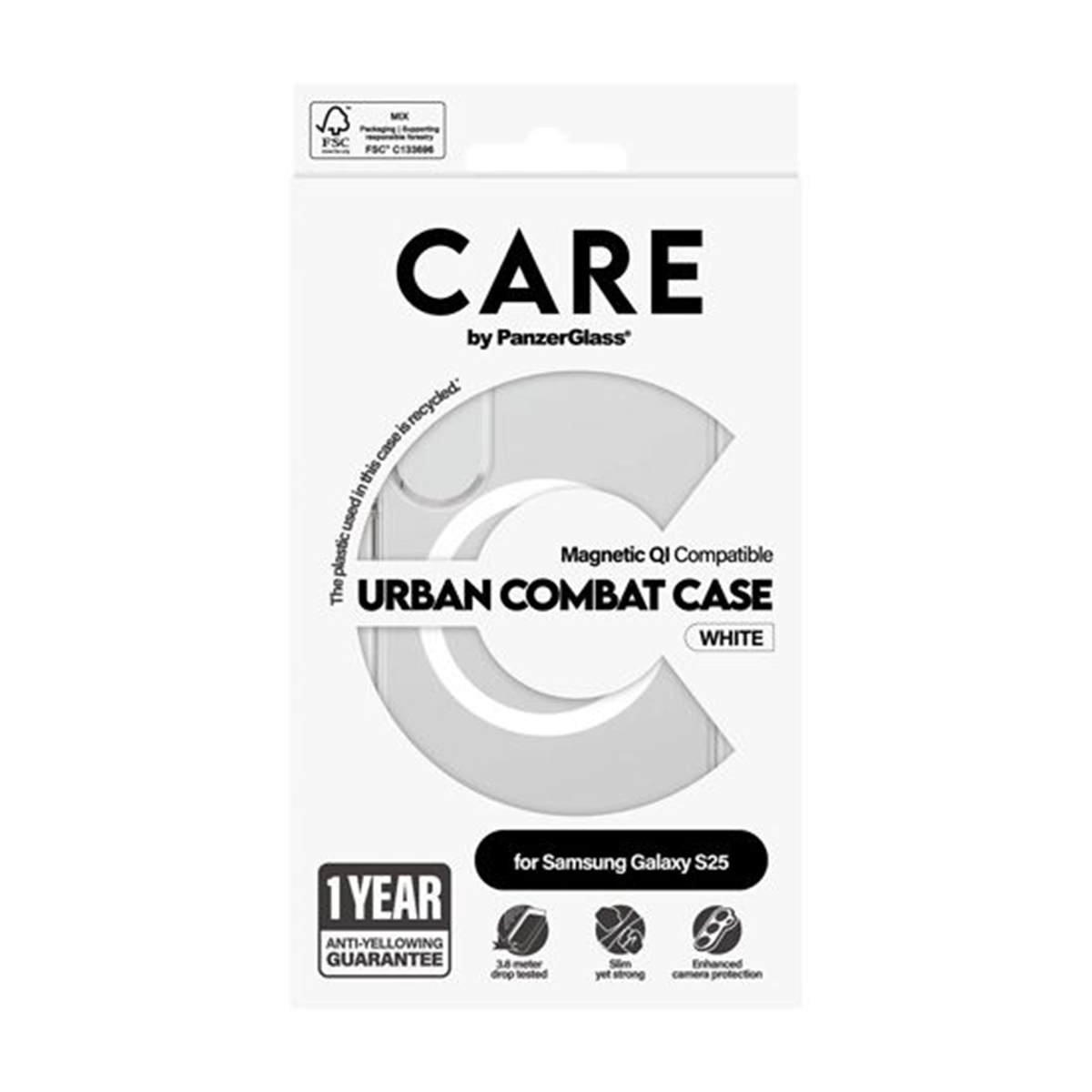 Emballage blanc de coque de téléphone avec texte et une coque à l'intérieur.