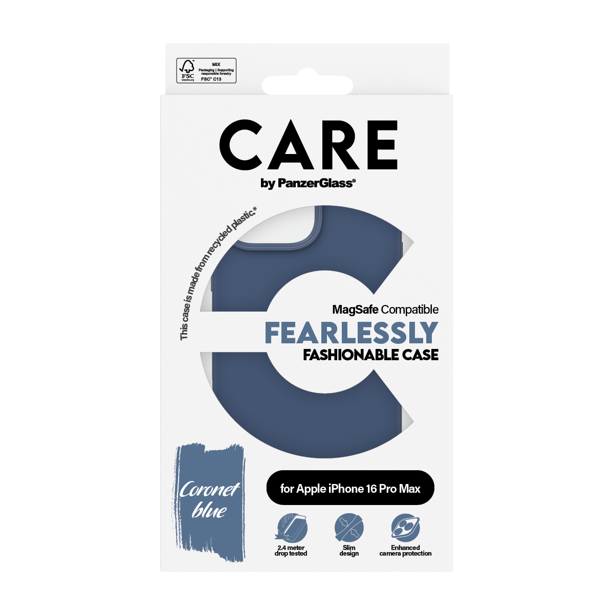 Coronet mavisi telefon kılıfı ambalajı. Metin 'CARE', 'FEARLESSLY FASHIONABLE CASE' ve 'MagSafe Compatible' ifadelerini içerir.