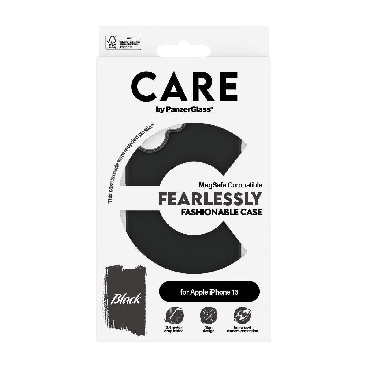 Confezione nera per custodia del telefono. Logo 'CARE by PanzerGlass'. Etichetta 'FEARLESSLY FASHIONABLE CASE'.
