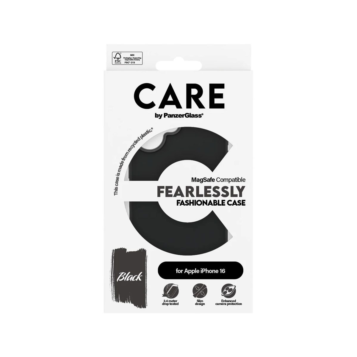 Confezione nera per custodia del telefono. Logo 'CARE by PanzerGlass'. Etichetta 'FEARLESSLY FASHIONABLE CASE'.