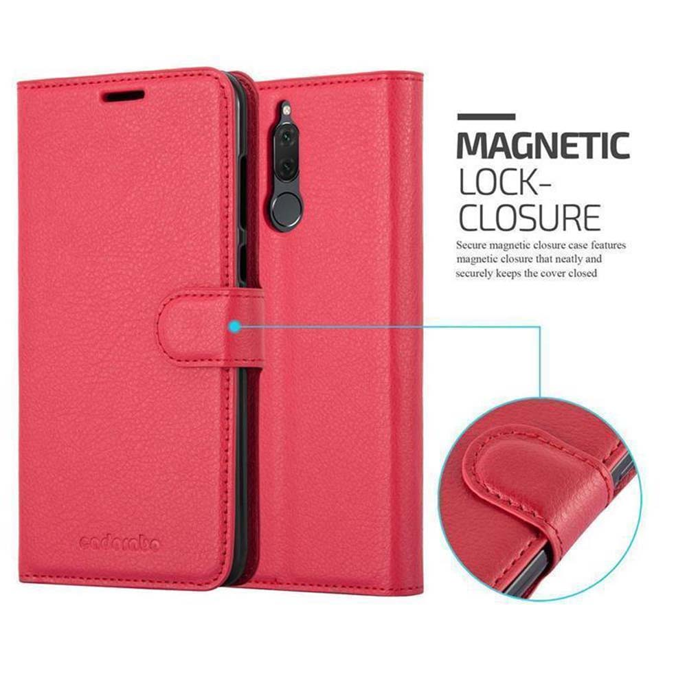 Custodia per telefono in pelle rossa, aperta. Presenta una chiusura magnetica con un dettaglio in primo piano.