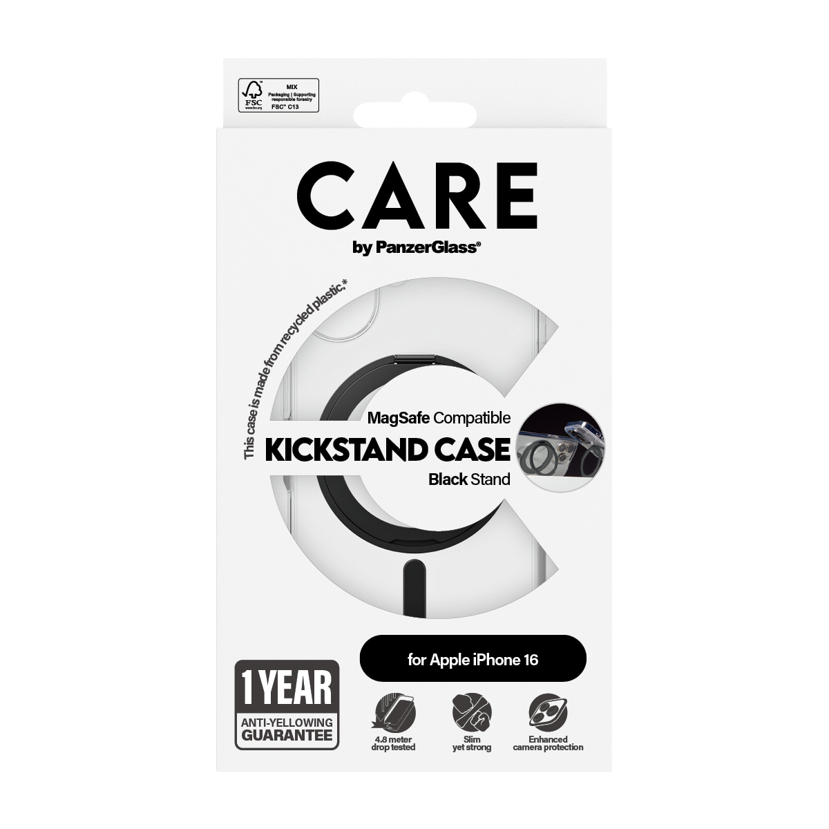 Telefon kılıfı ambalajı. 'CARE by PanzerGlass' logosu. 'KICKSTAND CASE' etiketi. Siyah ve beyaz.