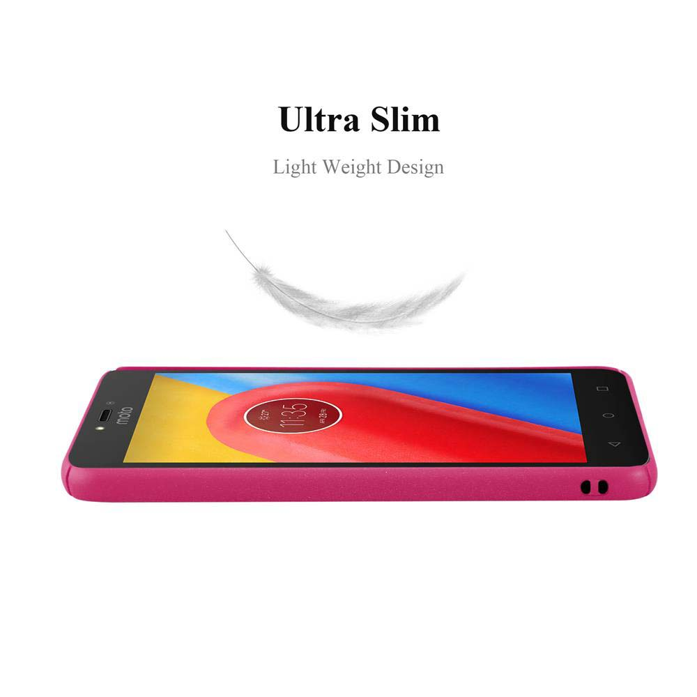 Telefono rosa in una custodia. Una piuma sopra il telefono. Parole 'Ultra Slim' e 'Light Weight Design'.