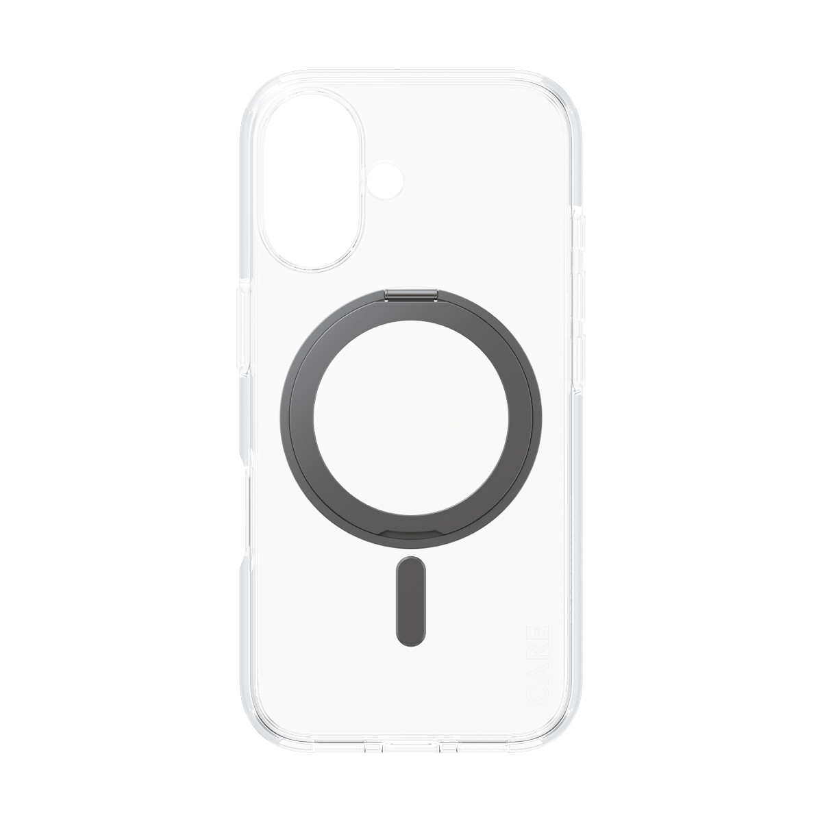 Manyetik bir daire ve çizgiye sahip şeffaf telefon kılıfı. 'CARE' logosu sağ alt köşede.