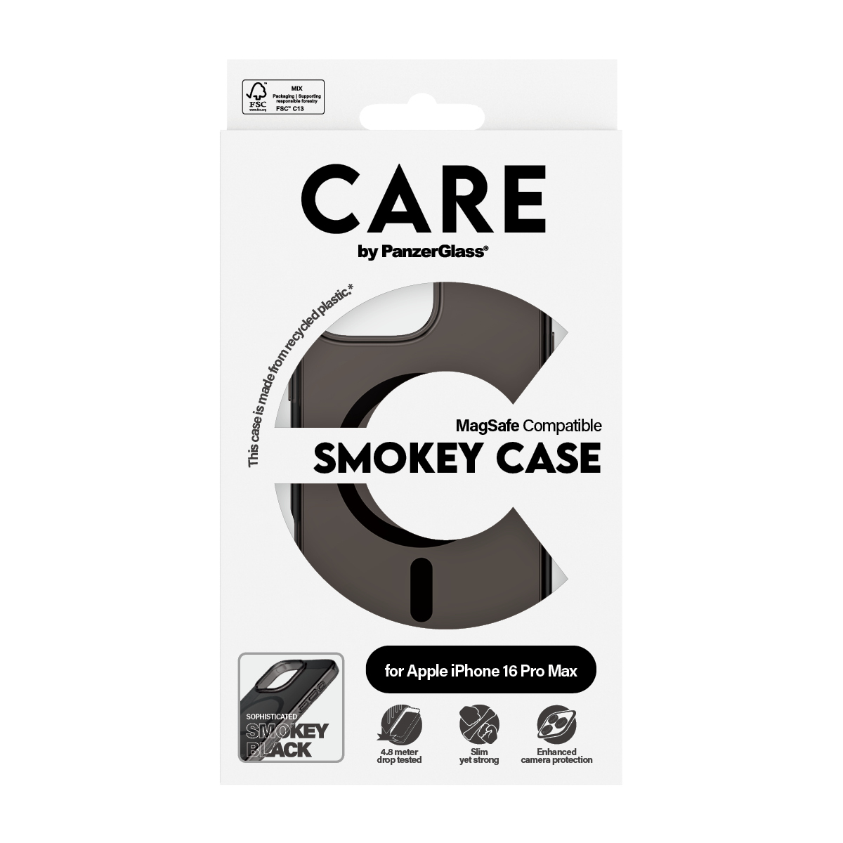 Scatola bianca con custodia nera e grigia, con 'Smokey Case' e 'MagSafe Compatible'.