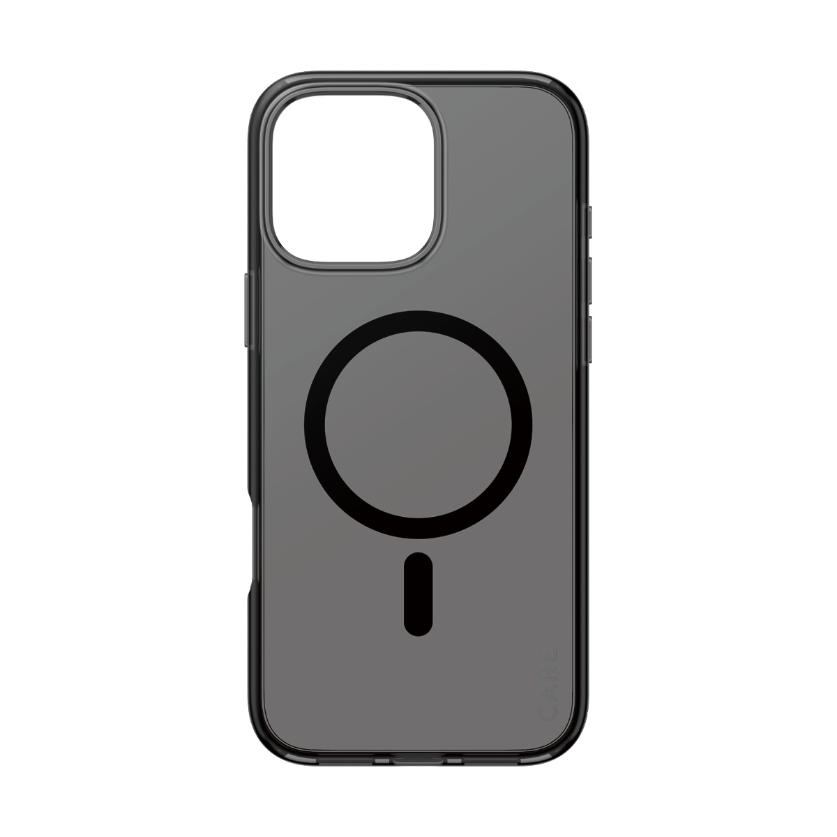 Custodia trasparente con cerchio magnetico nero e rettangolo su sfondo grigio.