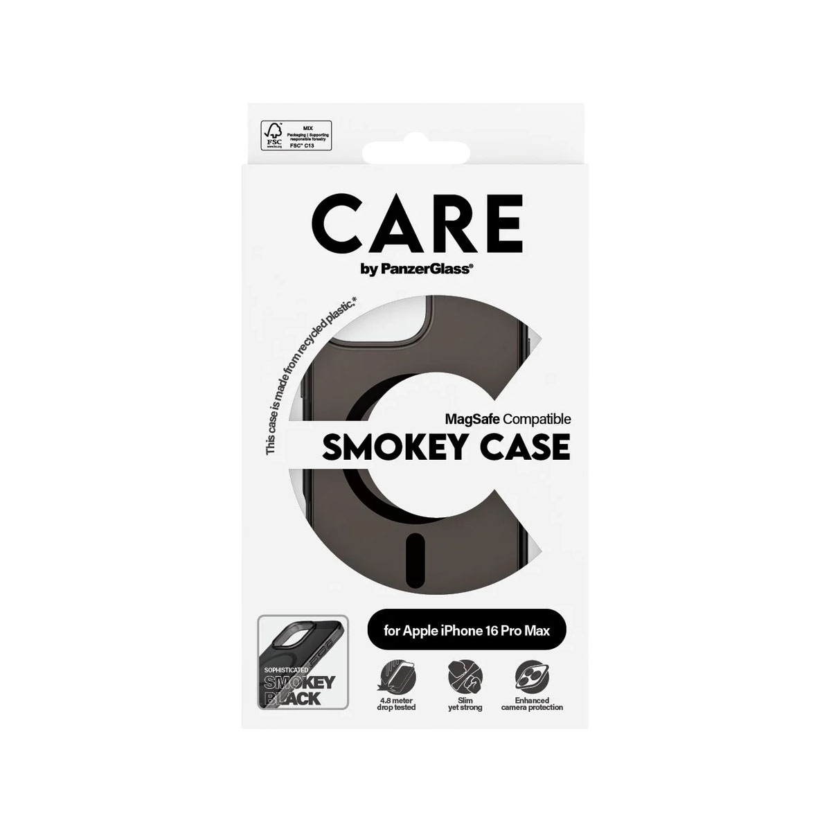 Scatola bianca con custodia nera e grigia, con 'Smokey Case' e 'MagSafe Compatible'.