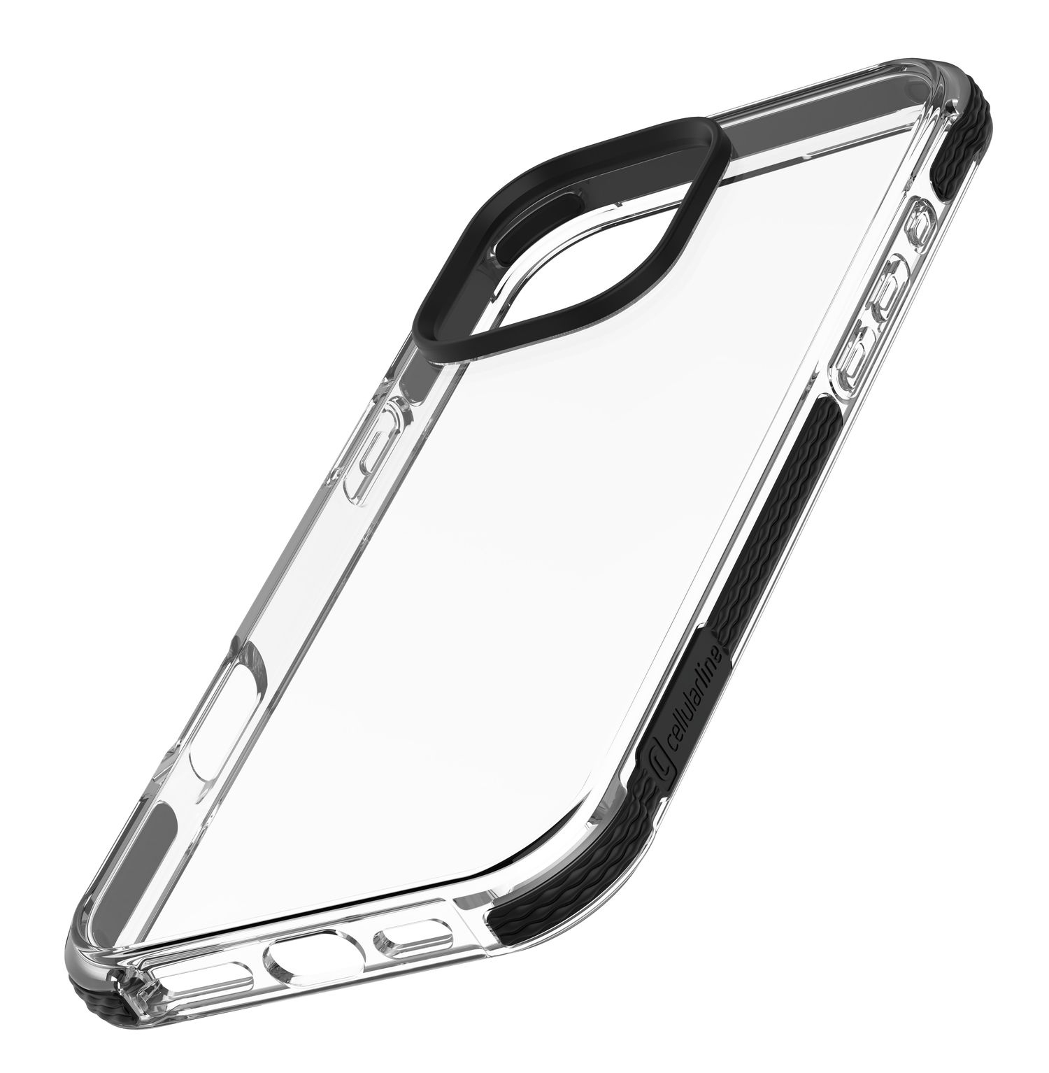 Coque de téléphone transparente avec accents noirs. Fond blanc, vue en angle.