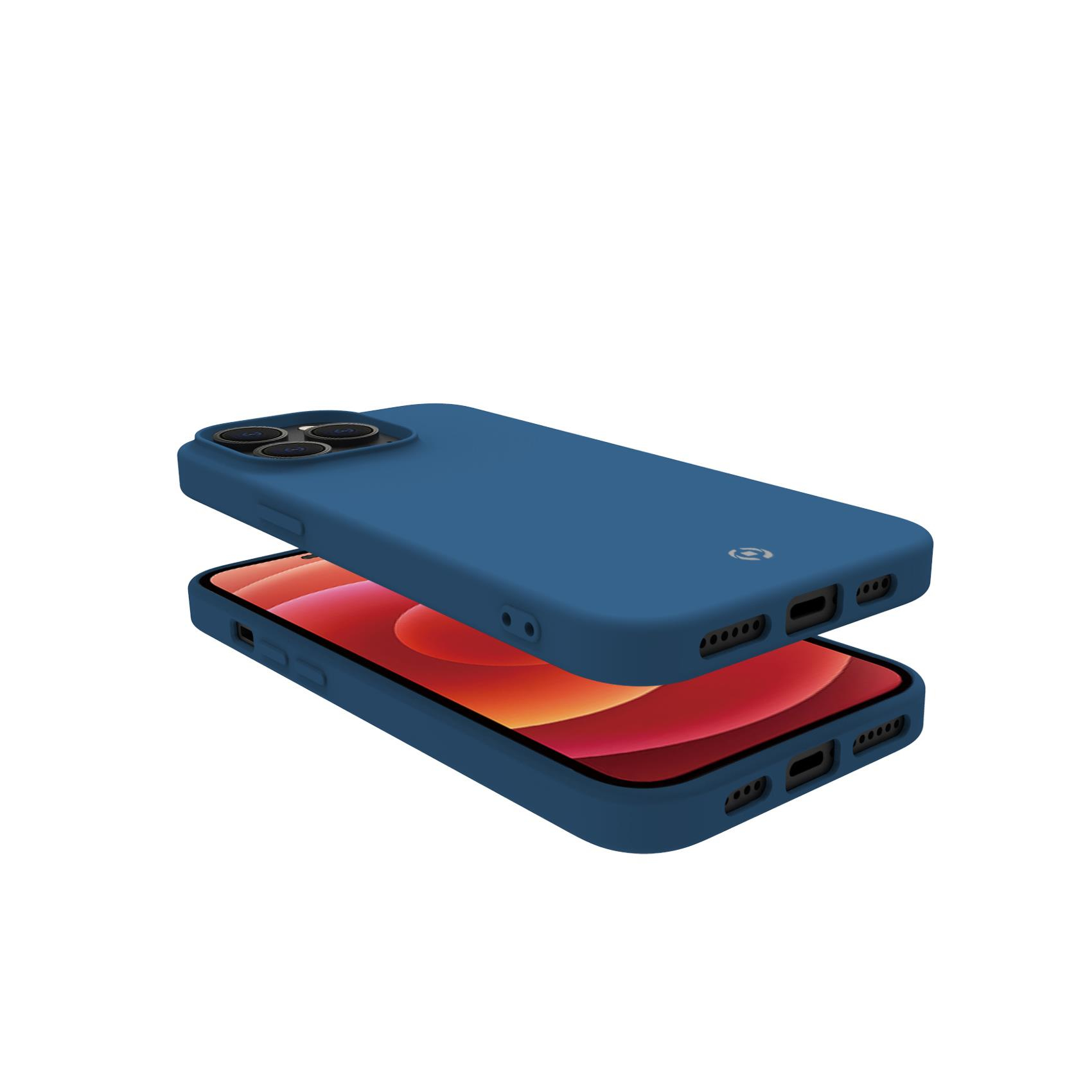 Due custodie blu, una sopra il telefono con schermo arancione. Sfondo bianco.