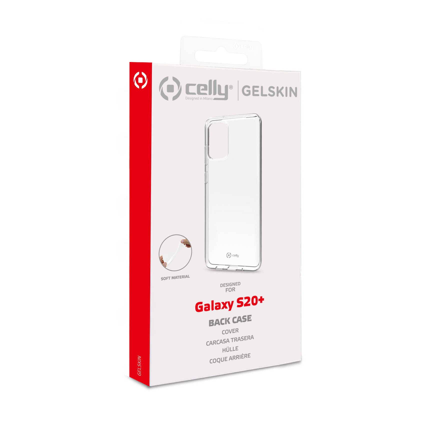 Scatola di custodia trasparente 'Gelskin' per Galaxy S20+. Sfondo bianco. Materiale morbido.