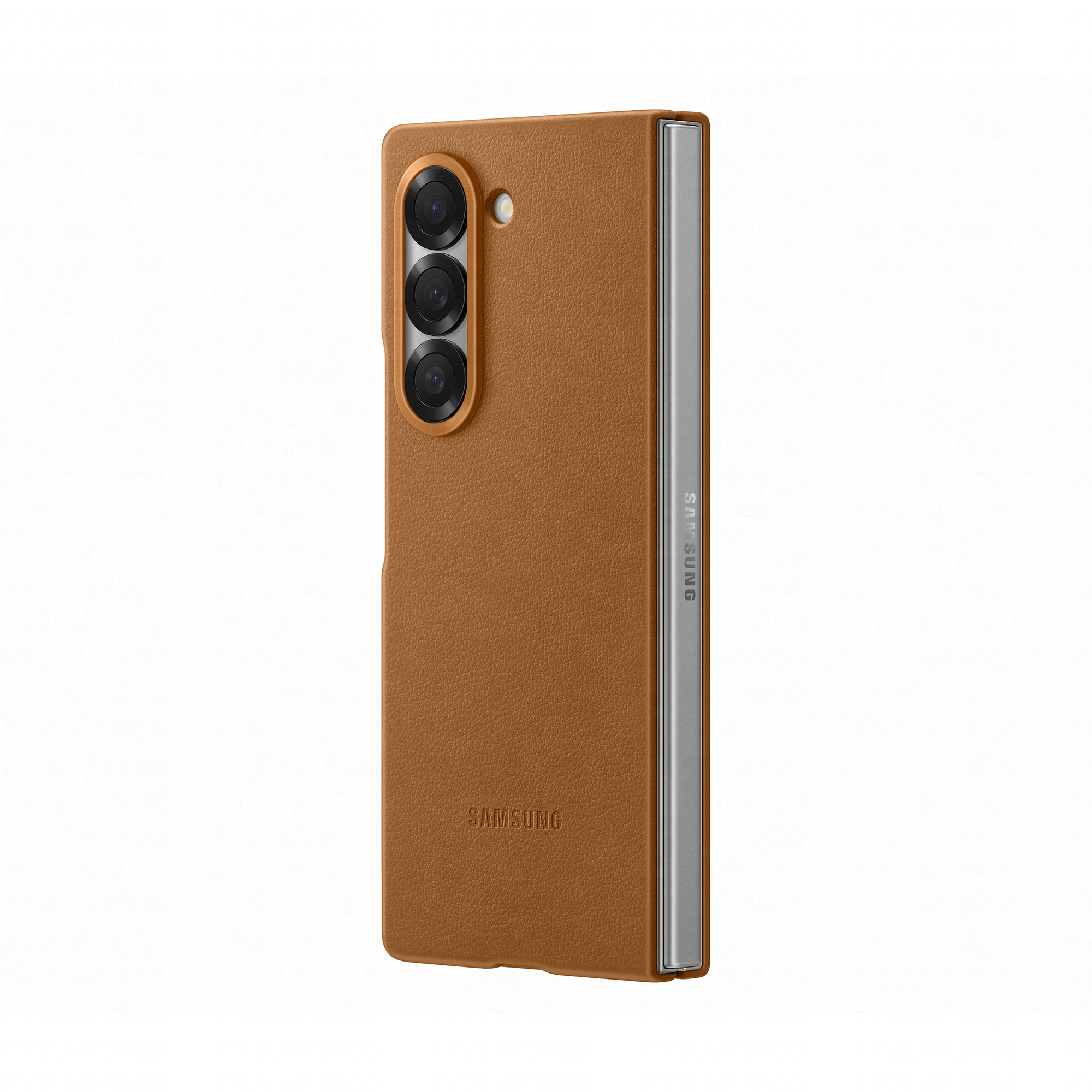 Coque de téléphone en cuir marron pour un téléphone pliable Samsung. Caméra et logo Samsung visibles.