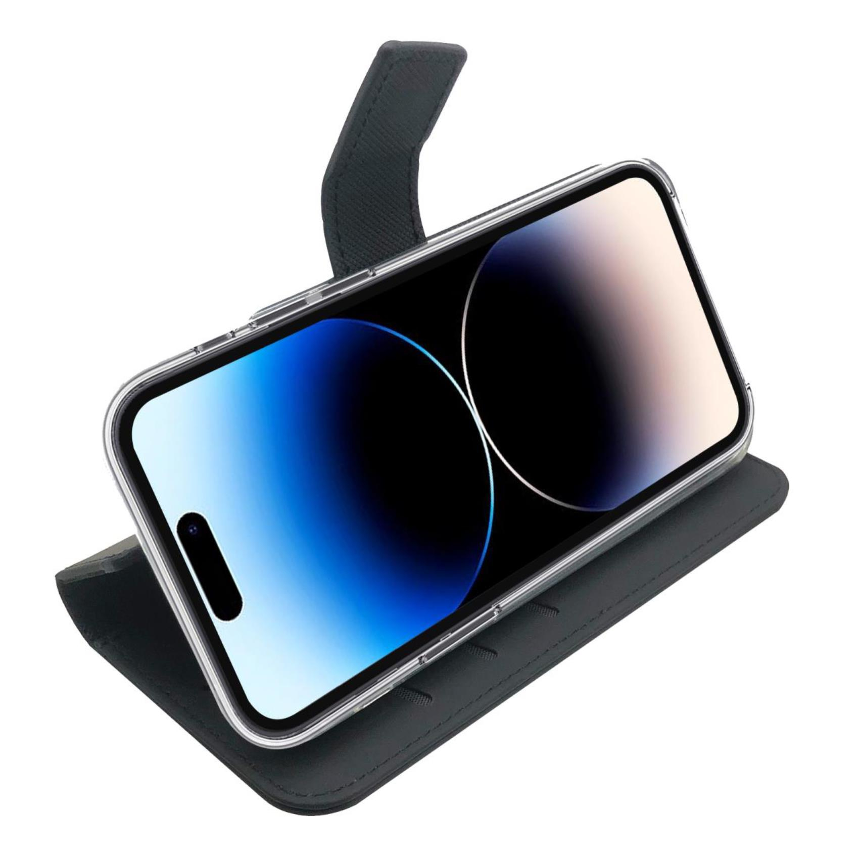 Telefon in einer Hülle im Brieftaschenstil. Das Telefon zeigt einen blau-violetten Farbverlauf.