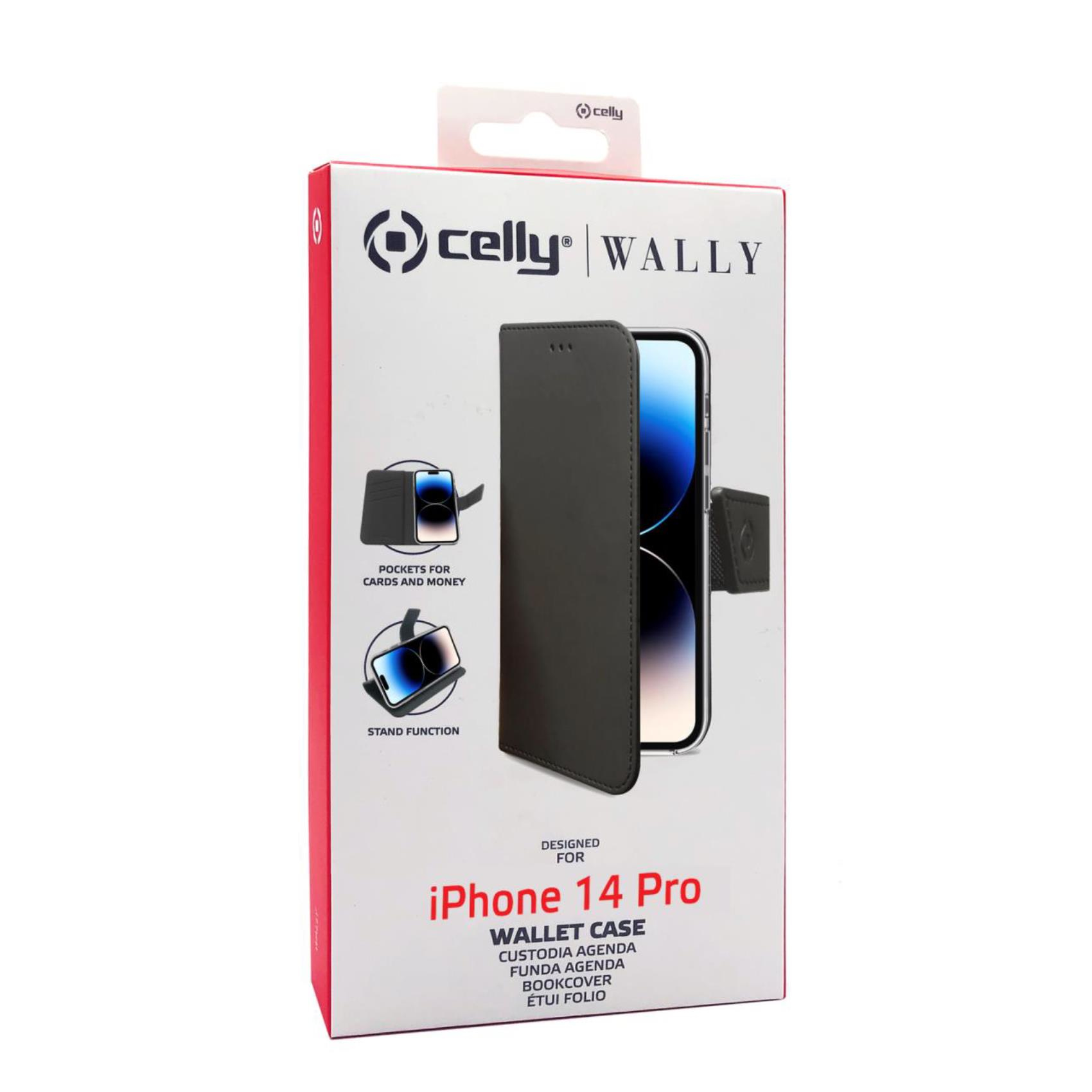 Celly Wally iPhone 14 Pro Wallet Case auf weißem Hintergrund. Box zeigt Hülle, Telefon und Funktionen.