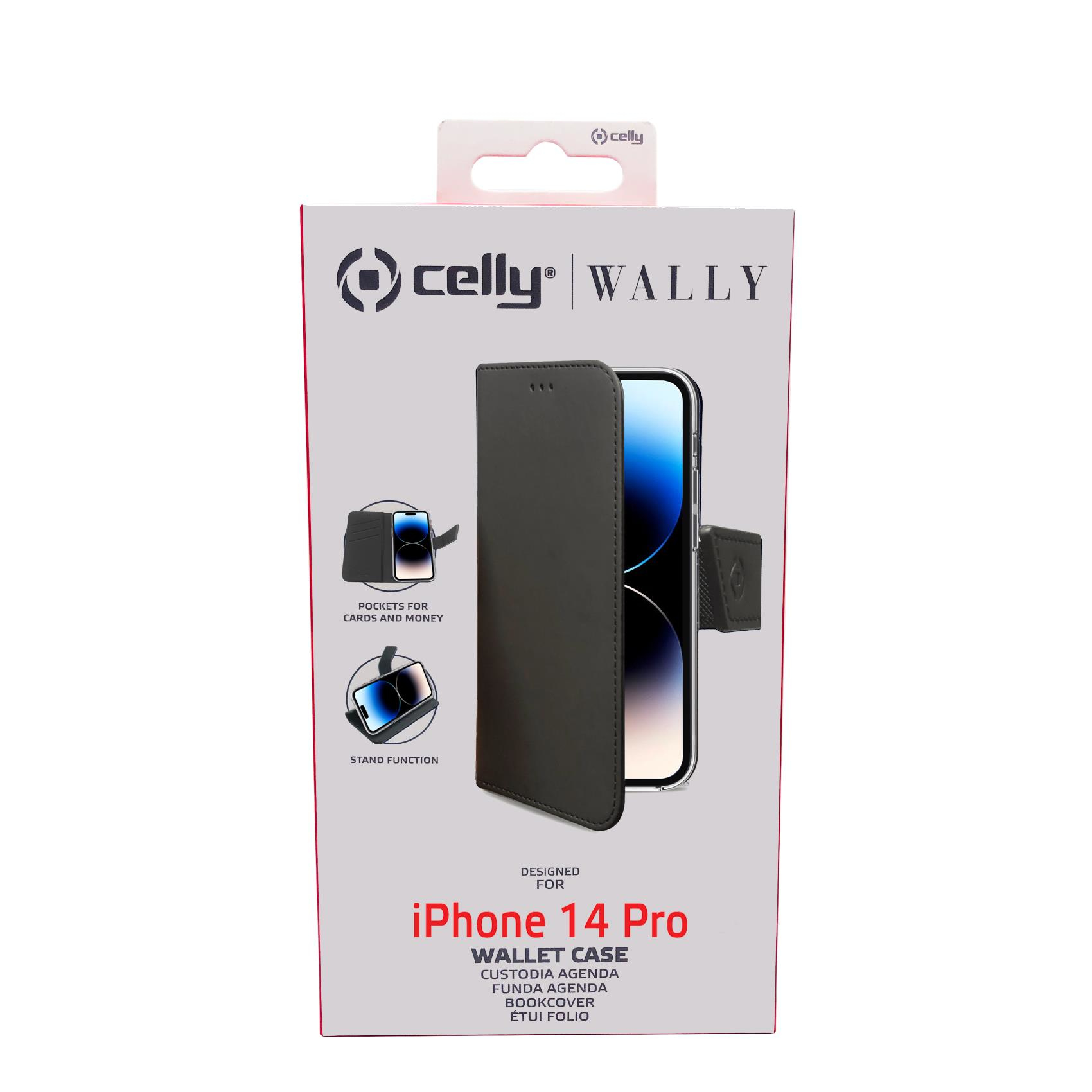 Telefonhüllenbox. Es steht „Designed for iPhone 14 Pro“. Die Hülle ist schwarz.