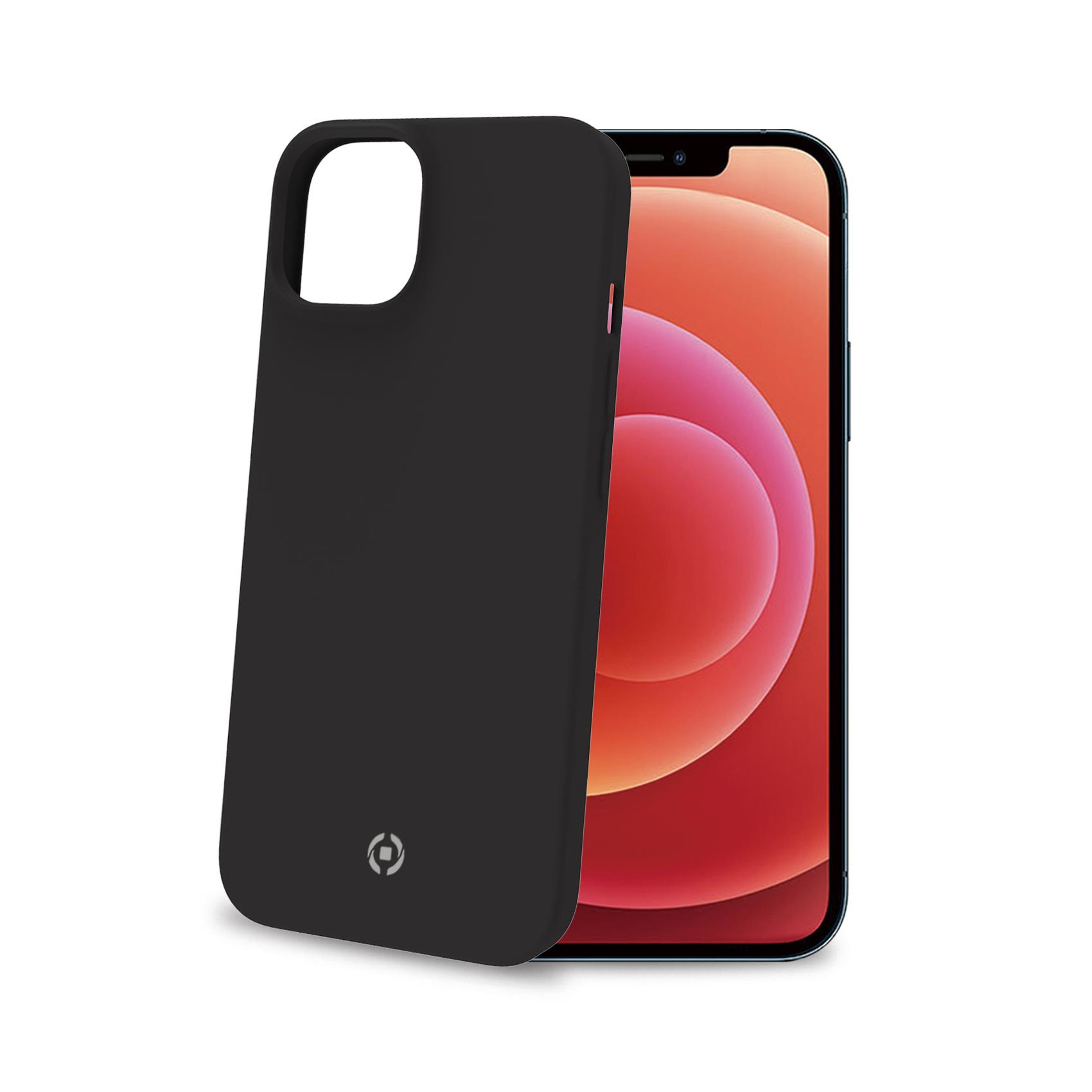 Custodia nera per telefono e un telefono con schermo rosso su sfondo bianco.