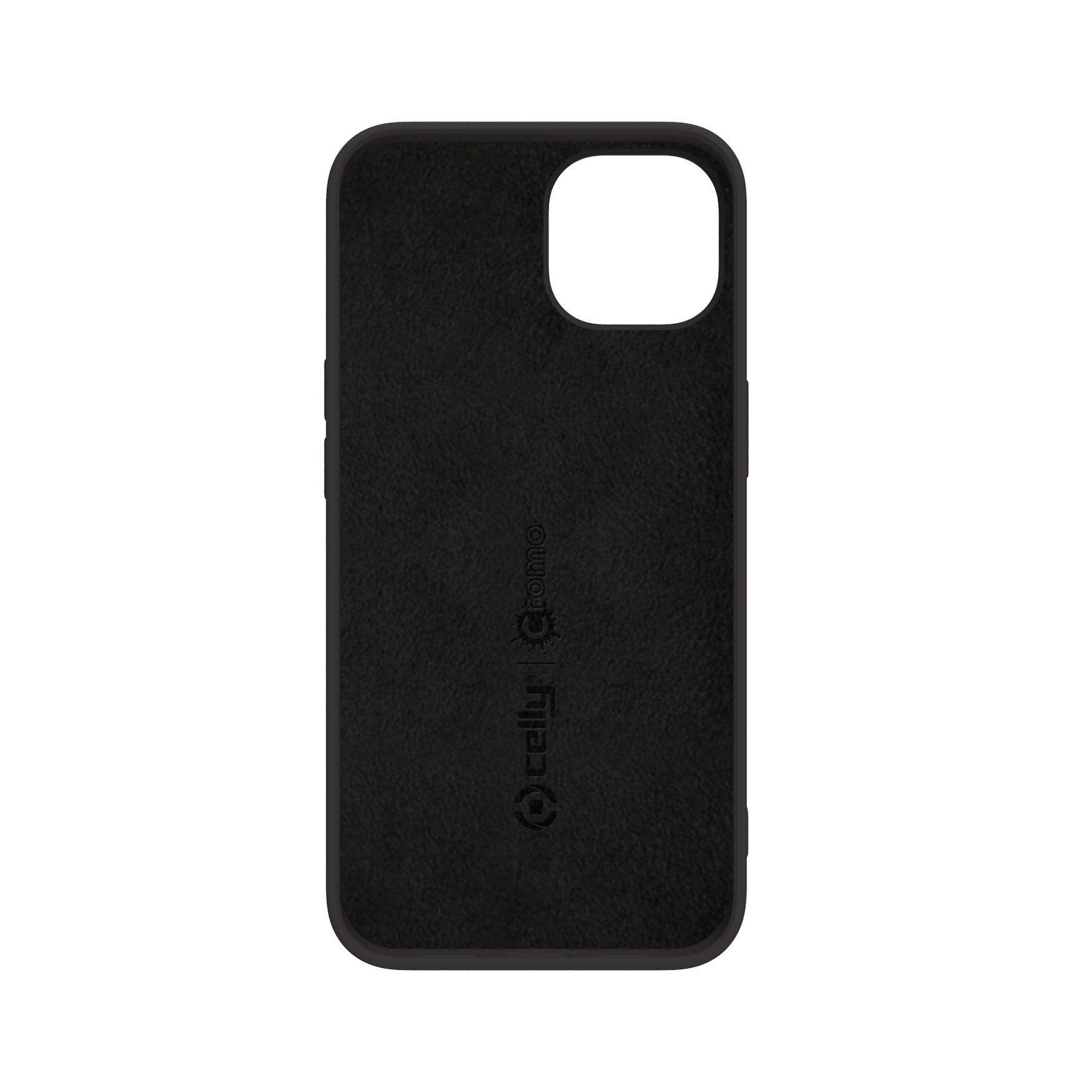 Custodia nera con foro fotocamera. Logo Celly in basso.