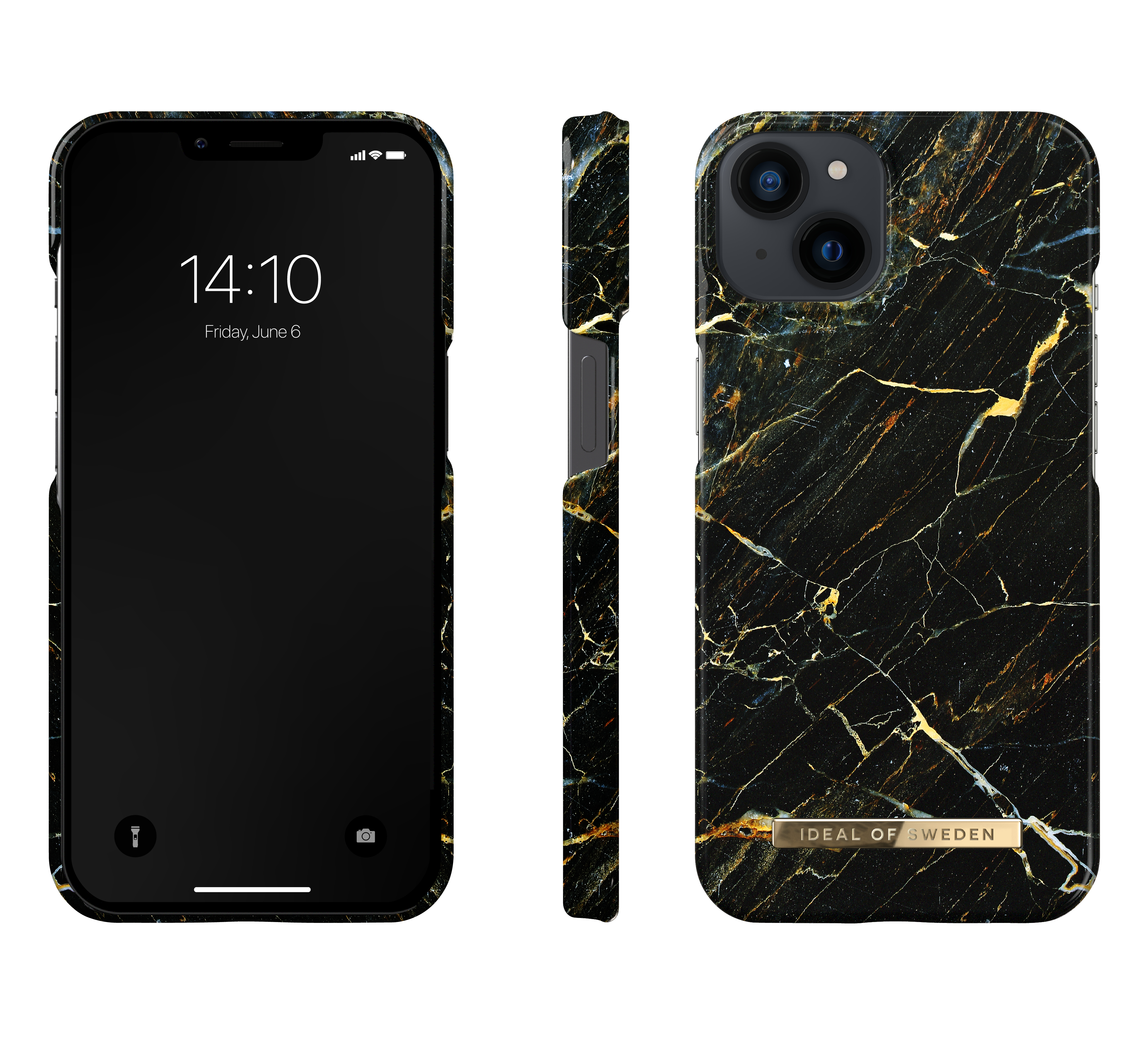 Telefono con design marmoreo. Custodia nera con venature dorate, tre lati visibili. Ideal of Sweden.