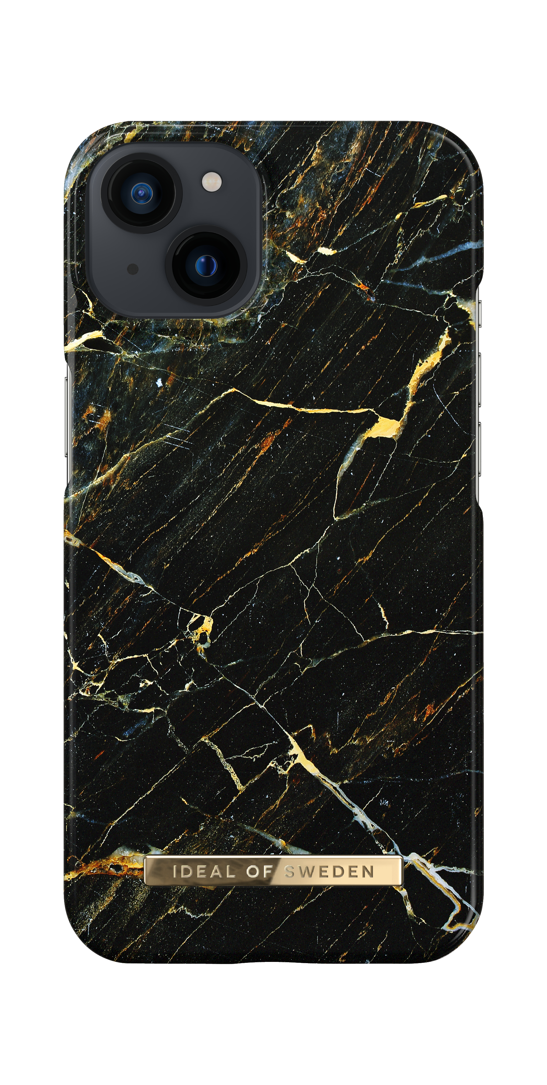 Custodia iPhone nera con texture marmorea e dettagli dorati, marchio Ideal of Sweden.