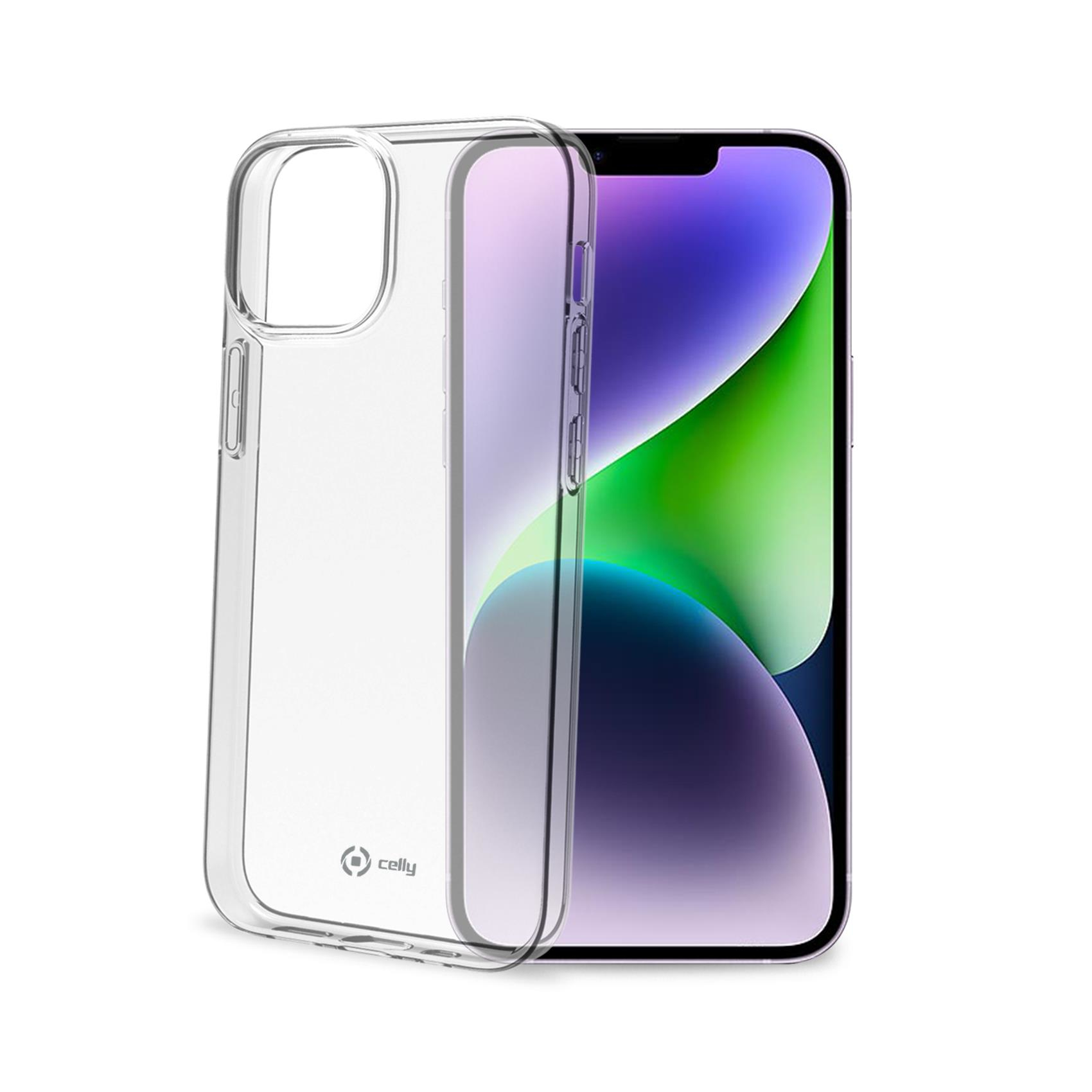Transparente Handyhülle neben einem iPhone. Das Telefon zeigt einen bunten Bildschirm.