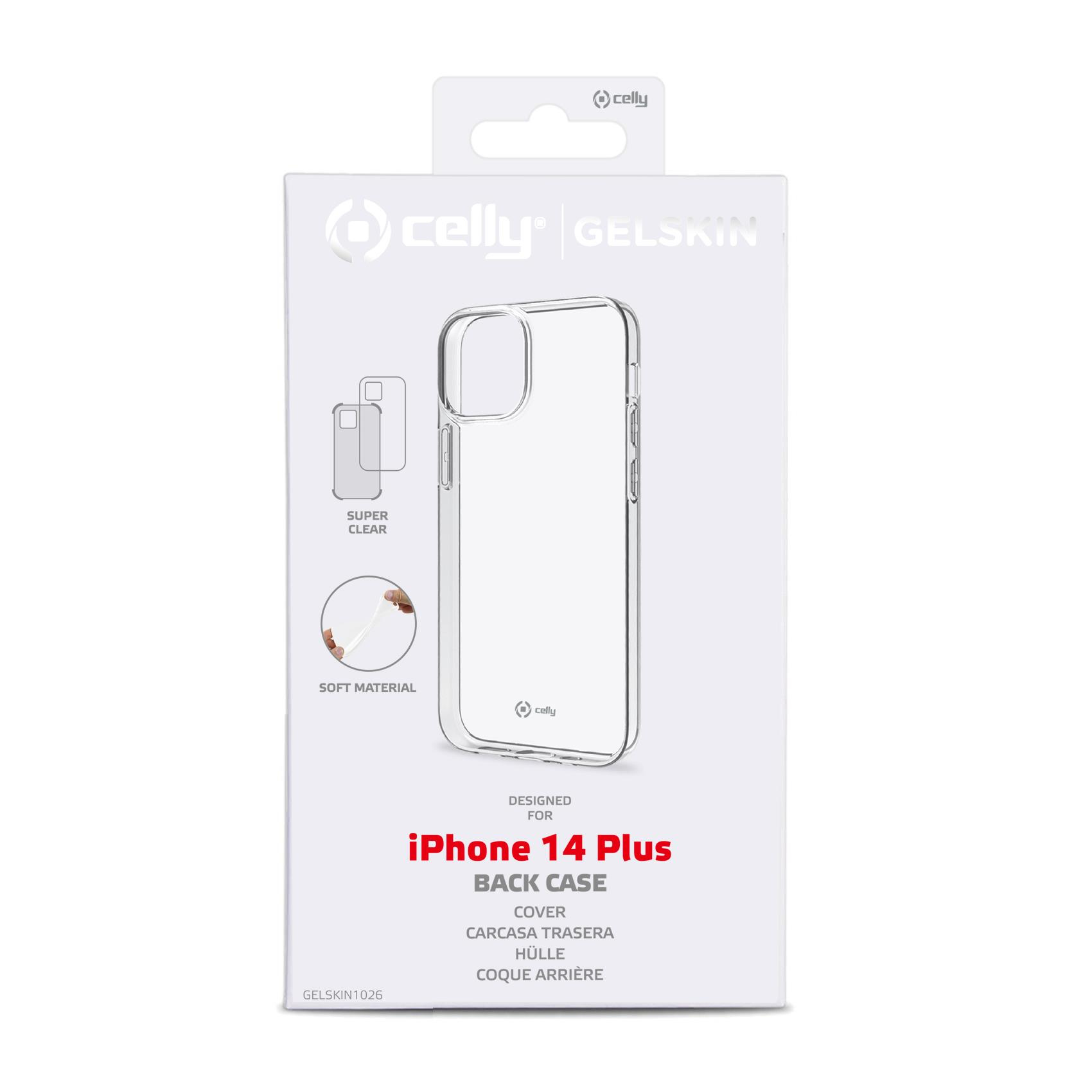 Transparente Handyhülle in einer weißen Box mit Celly-Logo und Text für iPhone 14 Plus.