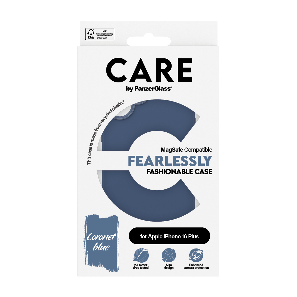 Weiße Box mit blauer Handyhülle, Text: CARE by PanzerGlass.