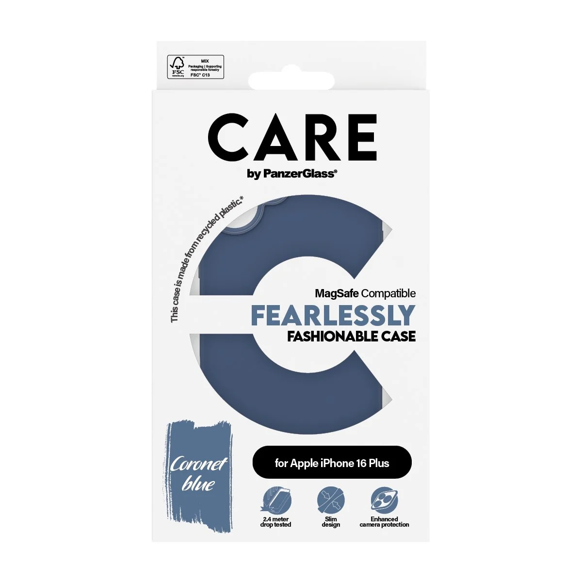 Weiße Box mit blauer Handyhülle, Text: CARE by PanzerGlass.