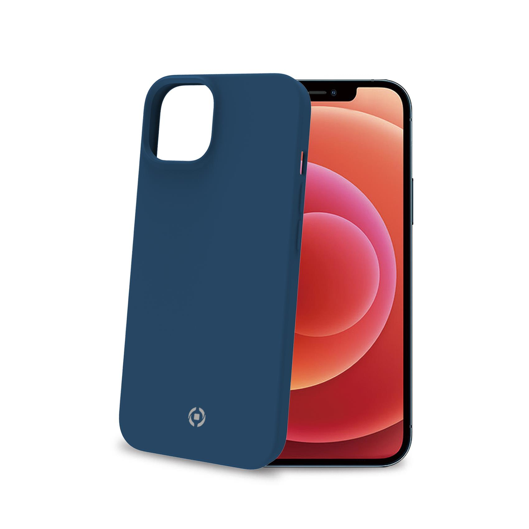Una custodia blu accanto a un telefono con schermo arancione.