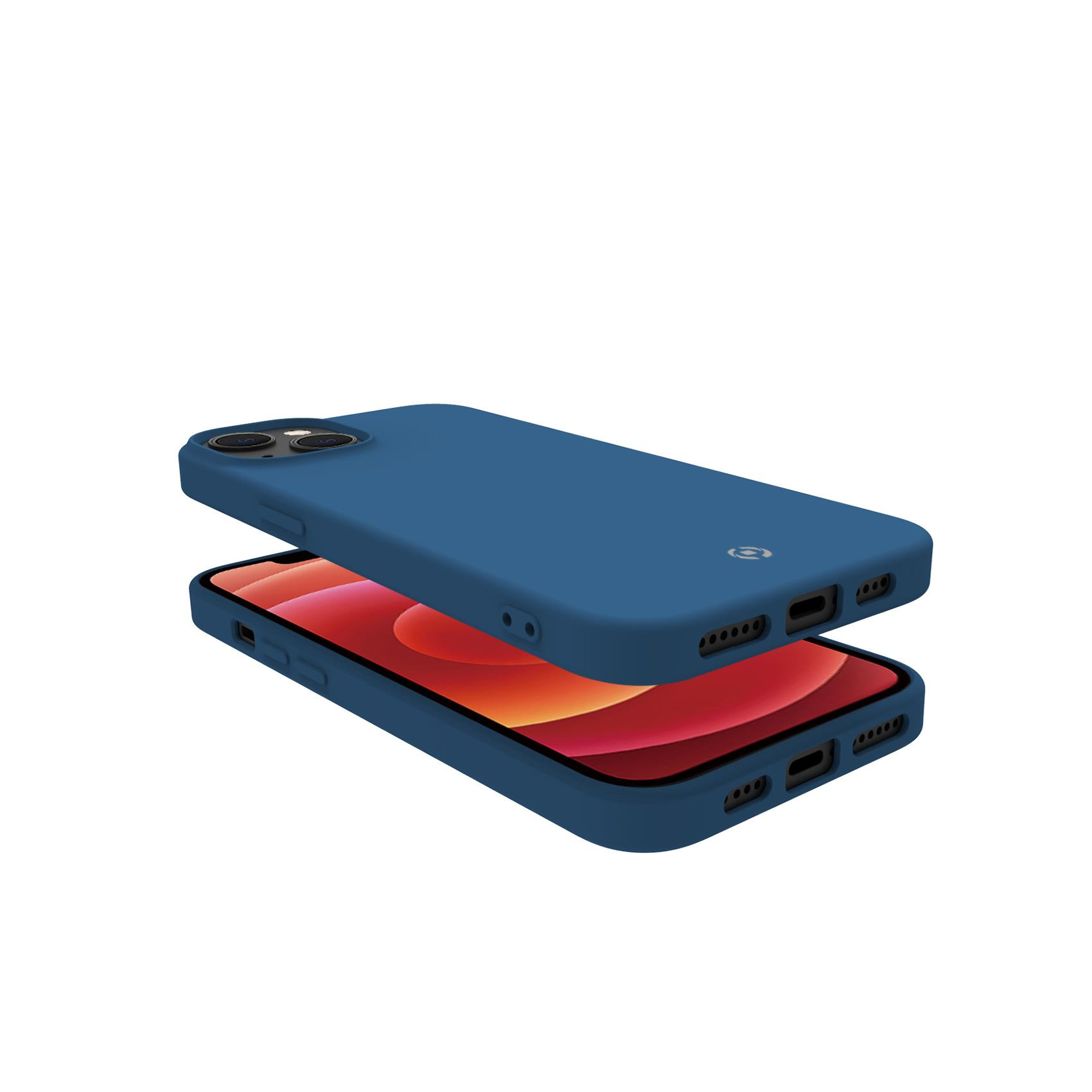 Custodia blu per telefono e un telefono con schermo rosso su sfondo bianco.