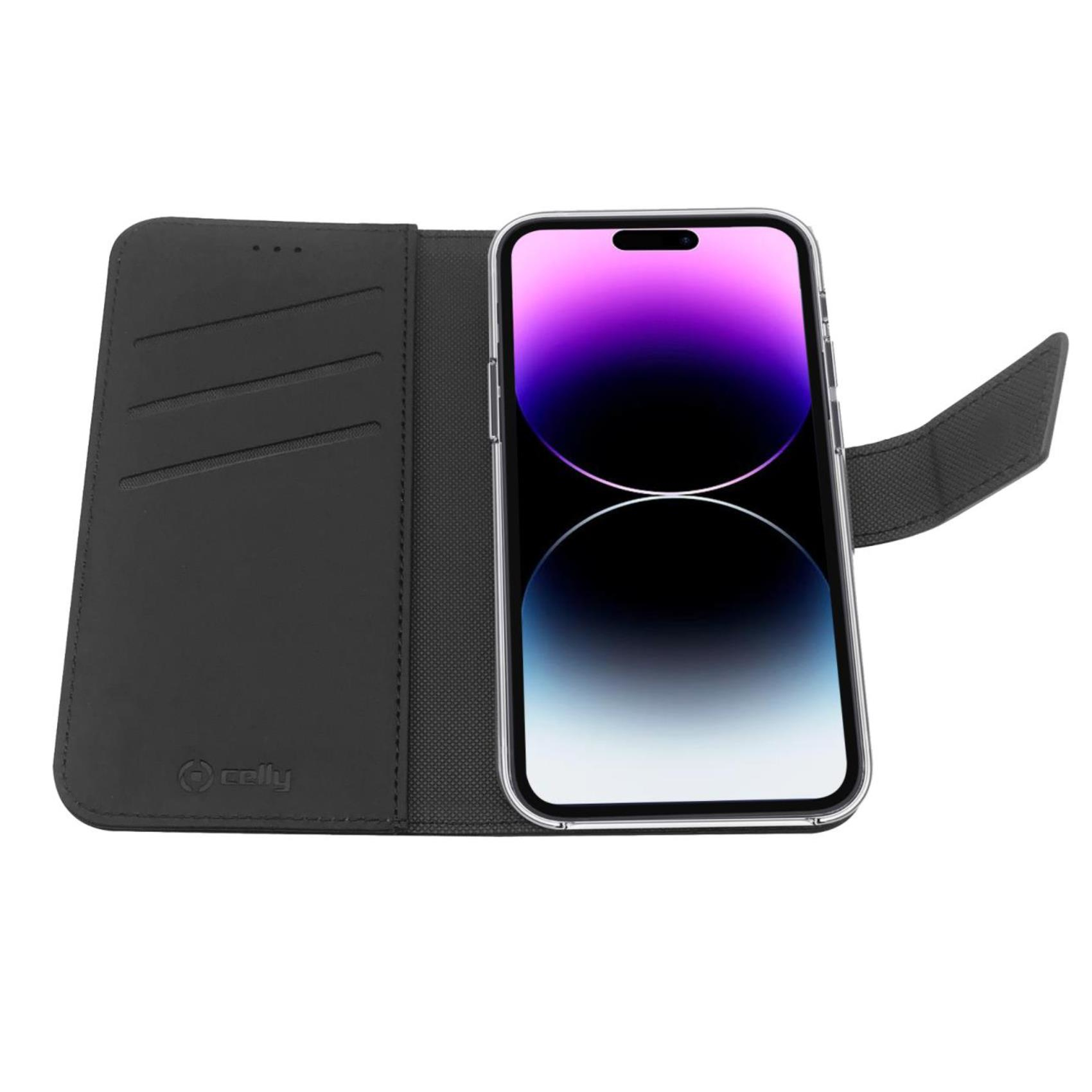 Custodia nera per telefono aperta con un telefono all'interno. Viene visualizzato lo schermo del telefono.