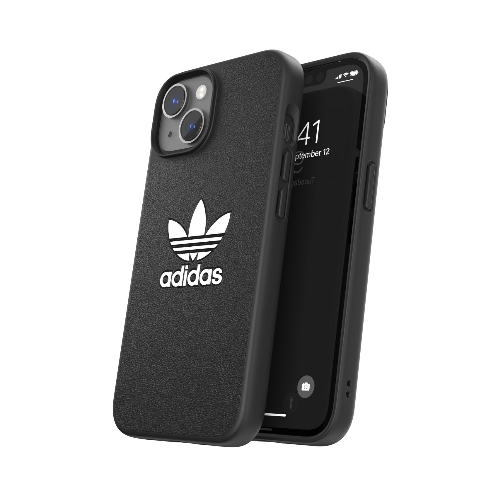 iPhone nero con custodia Adidas nera. La custodia ha un logo bianco.