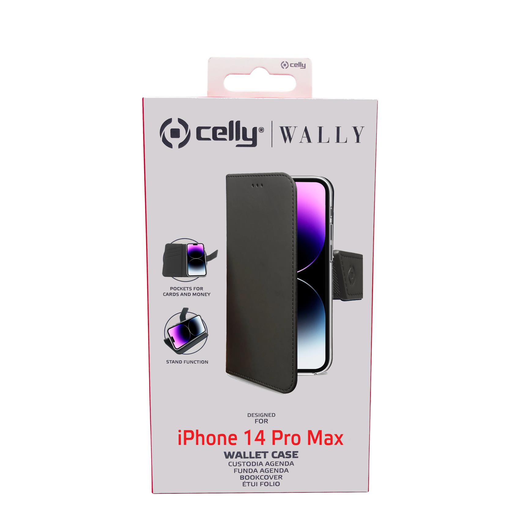 Custodia a portafoglio Celly Wally per iPhone 14 Pro Max. Confezione con funzioni di carta e supporto.