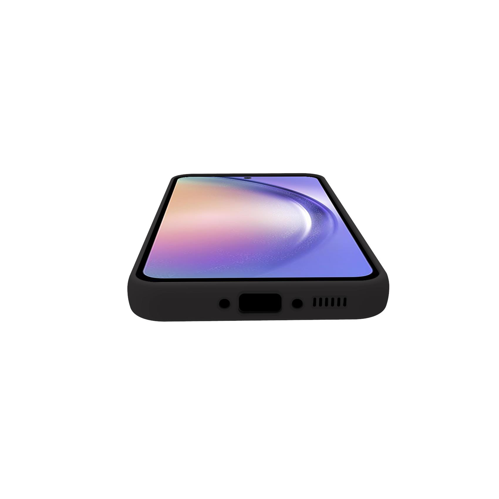 Schwarzes Telefon mit Hülle. Das Telefon hat einen lila und blauen Farbverlaufbildschirm.