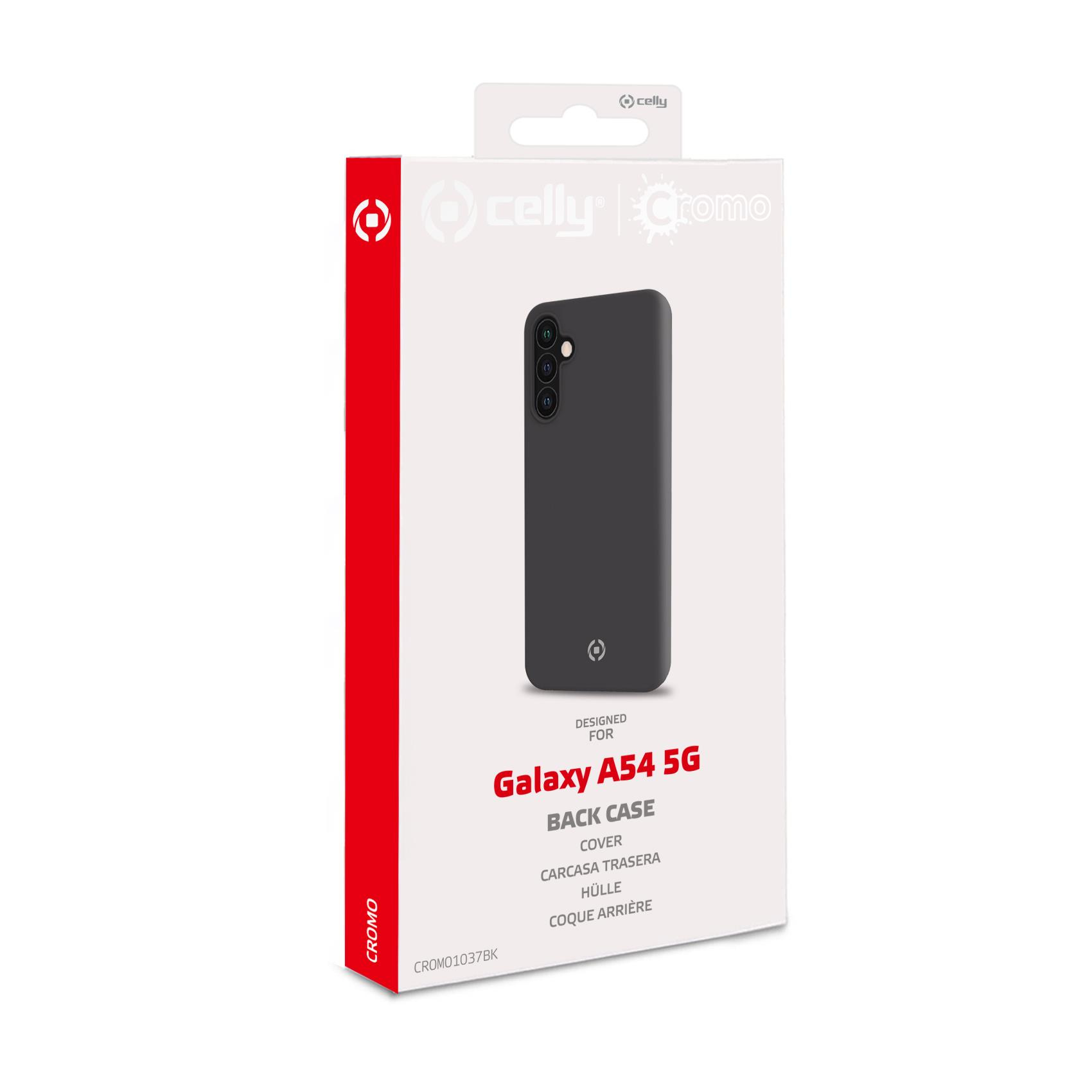 Schwarze Handyhüllenbox für Galaxy A54 5G. Zeigt Hülle und Telefon. Mit 'Celly Cromo' Branding.