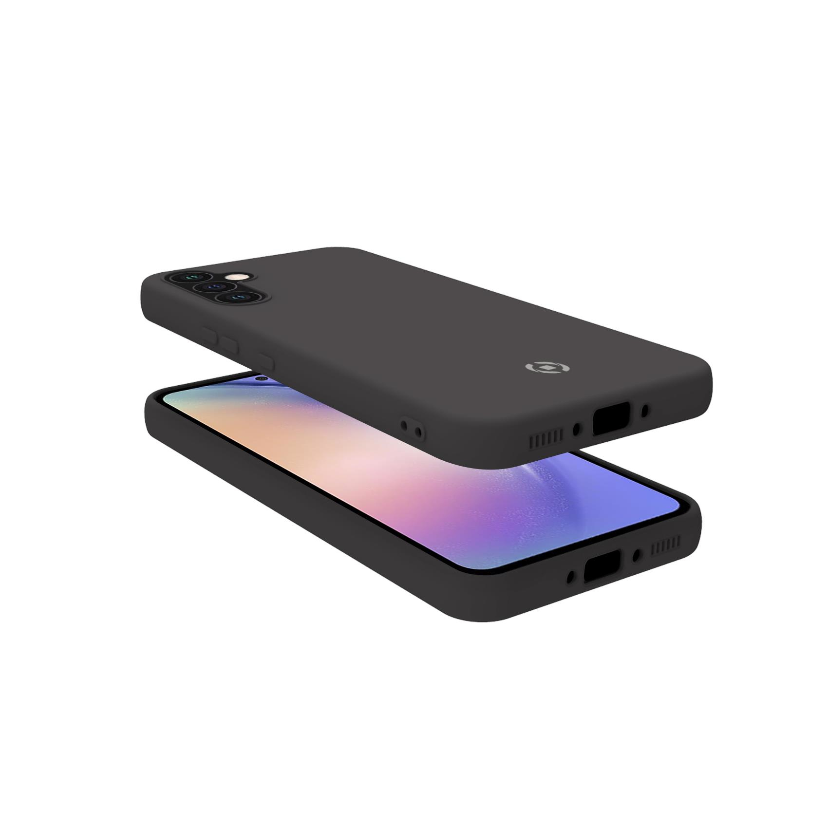 Schwarze Handyhülle und Telefon. Die Hülle liegt über dem Telefon.