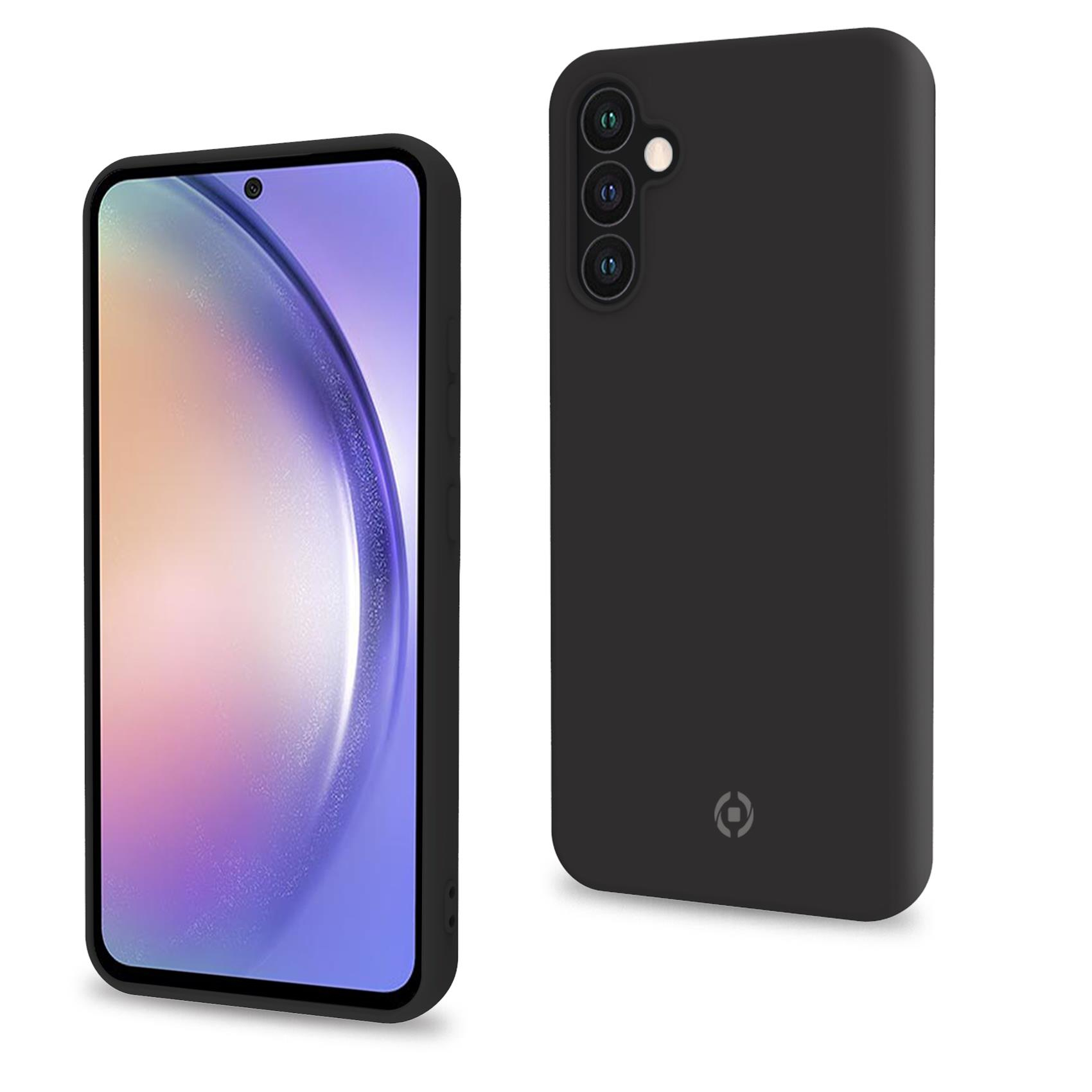 Schwarze Handyhülle und Telefon, nebeneinander. Telefonbildschirm zeigt unscharfes Bild. Weißer Hintergrund.