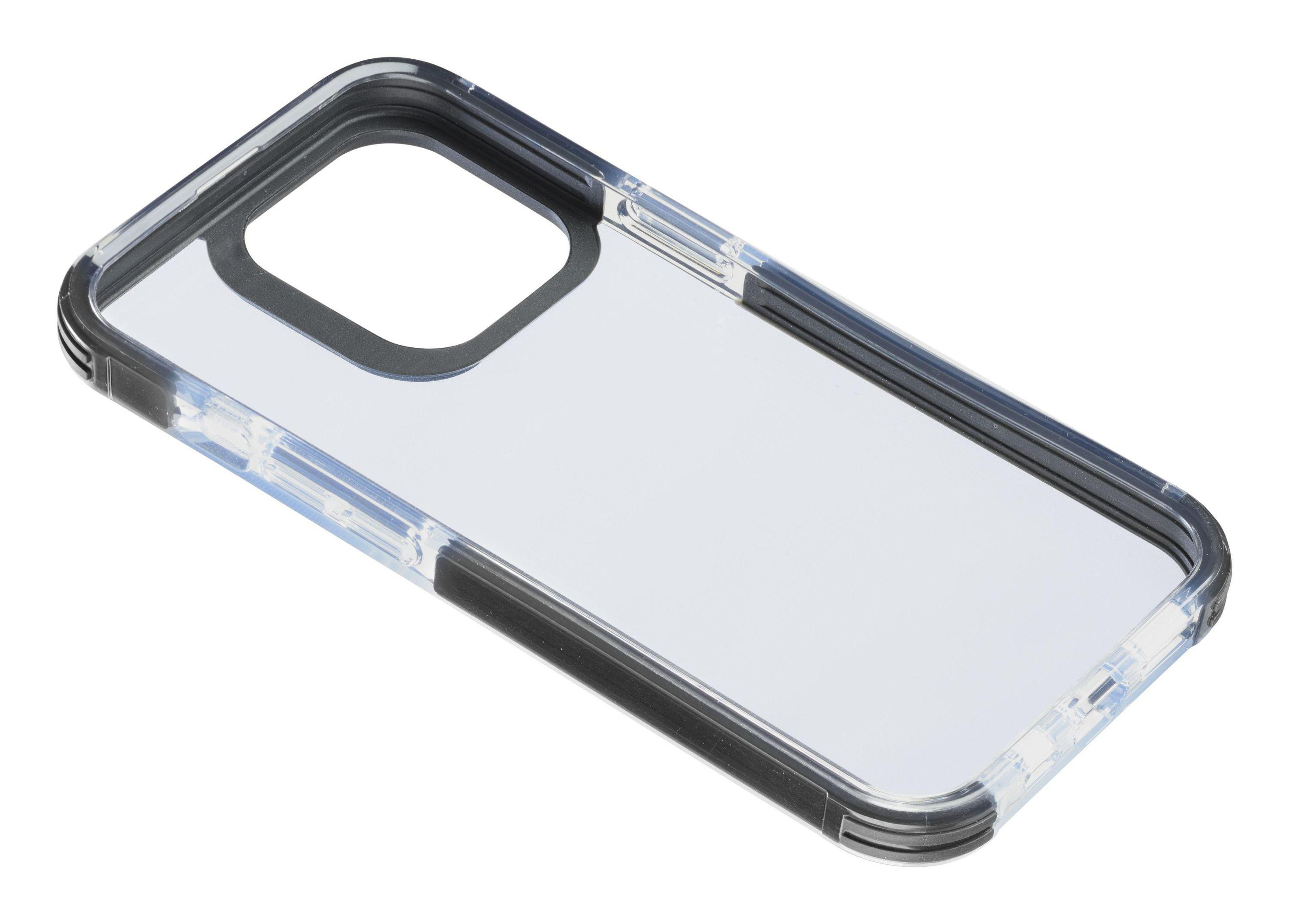 Custodia trasparente per telefono. Ha bordi neri e un foro per la fotocamera.