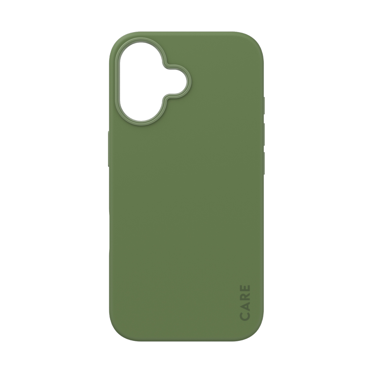 Kamera açıklığı ve 'CARE' logosu olan zeytin yeşili telefon kılıfı.